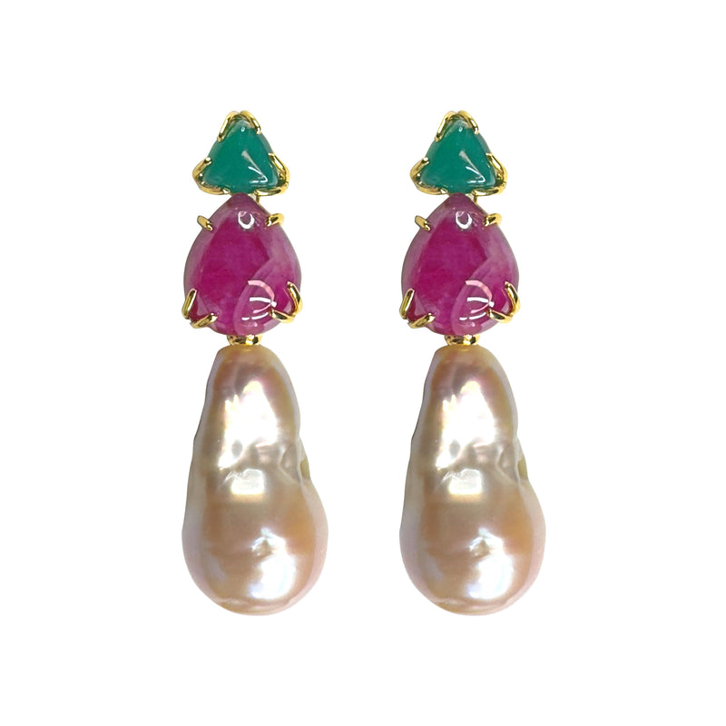 Earrings - Green Onyx, Ruby & Baroque Pearl Trio