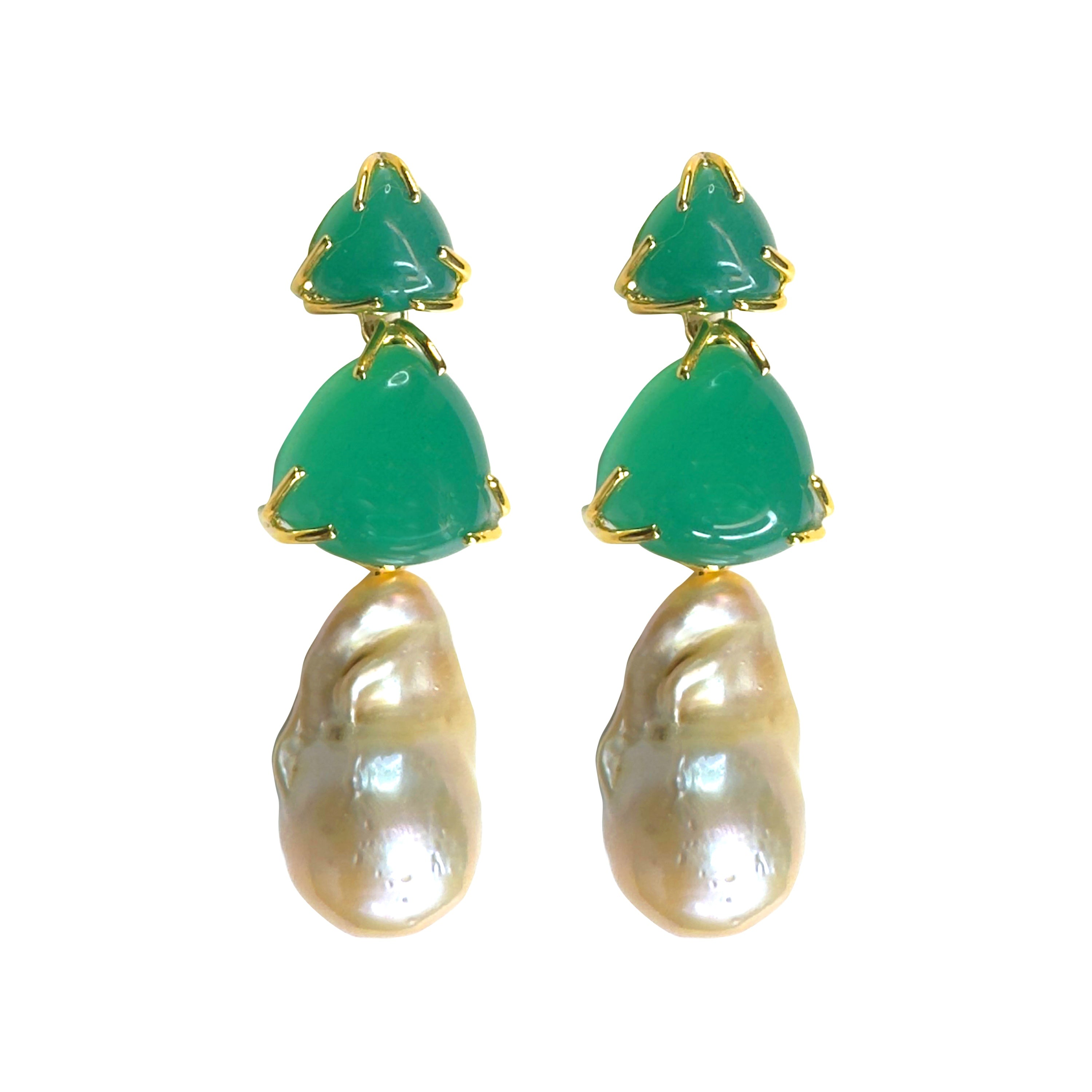 Green Onyx & Baroque Pearl Trio in Green Onyx, gold plated, handcrafted gemstone earrings Singapore