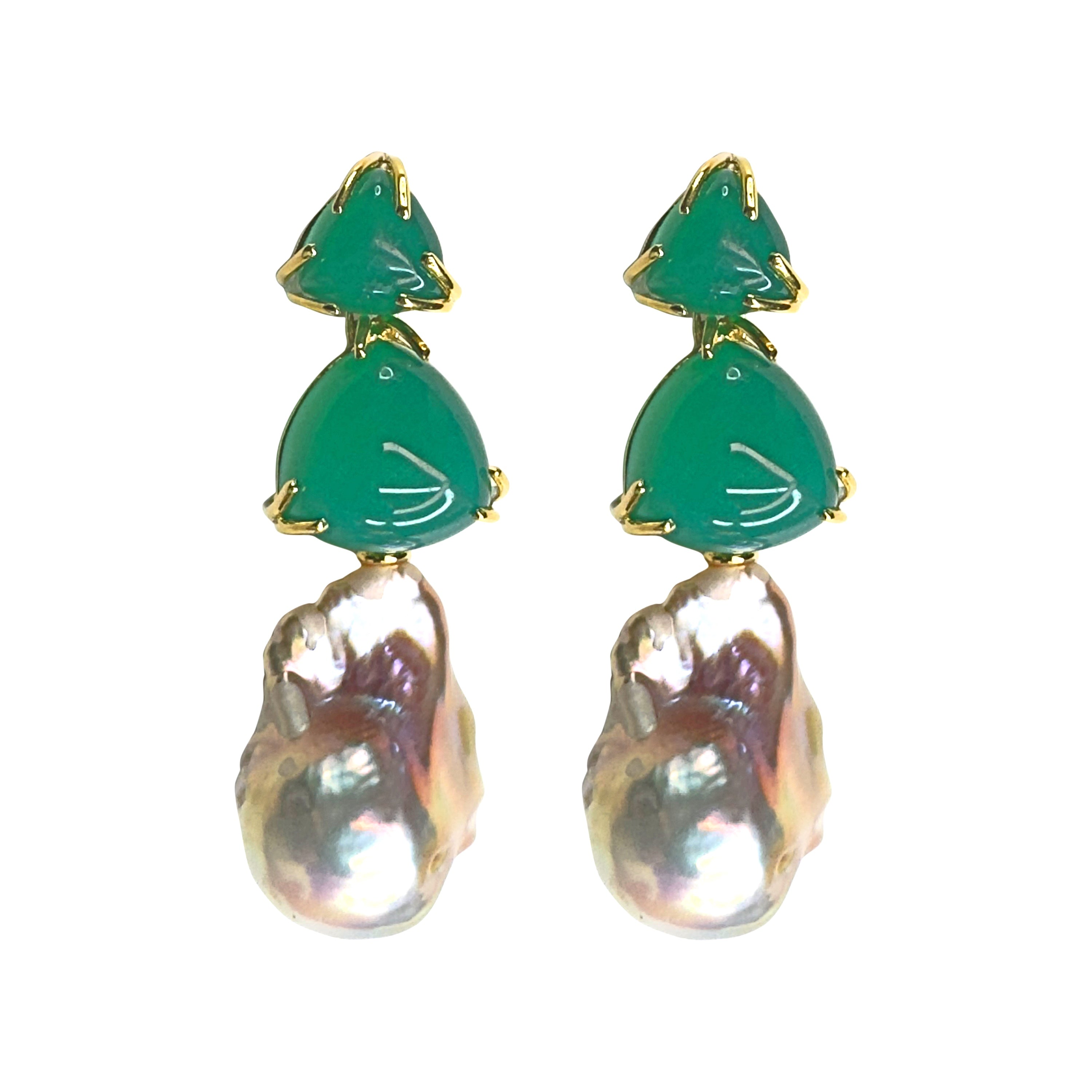 Green Onyx & Baroque Pearl Trio in Green Onyx, gold plated, handcrafted gemstone earrings Singapore