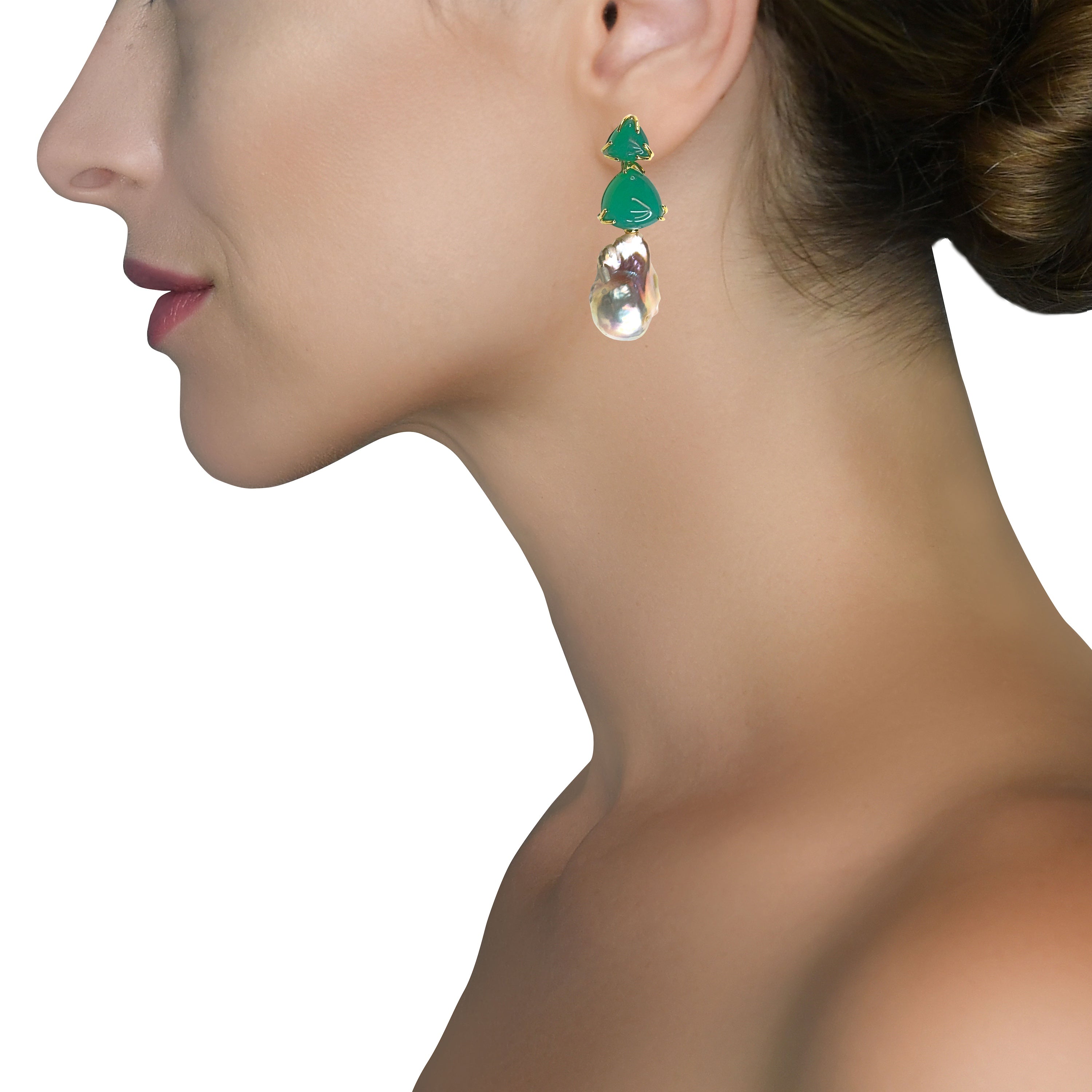 Green Onyx & Baroque Pearl Trio in Green Onyx, gold plated, handcrafted gemstone earrings Singapore