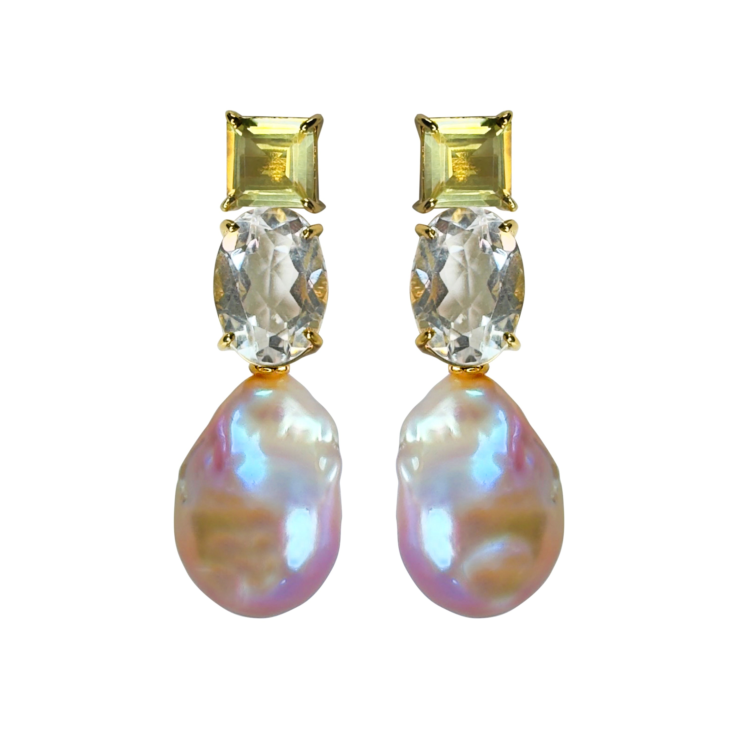 Pair of Lemon Quartz, Clear Crystal Quartz and Baroque pearl earrings with gemstones and pearls on a white background