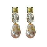 Earrings - Lemon Quartz, Clear Crystal Quartz & Baroque Pearl Trio
