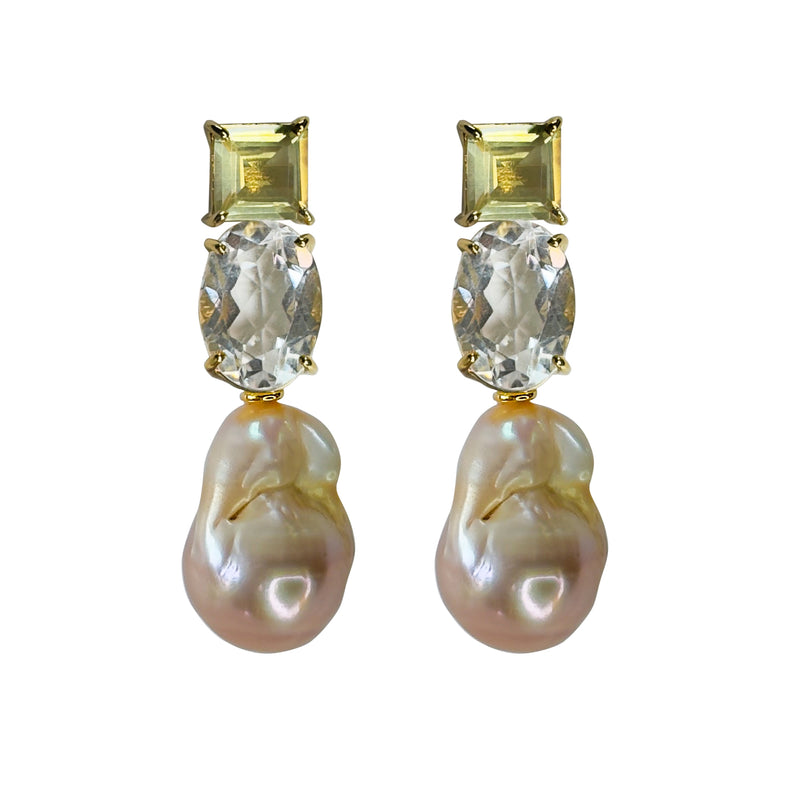Earrings - Lemon Quartz, Clear Crystal Quartz & Baroque Pearl Trio