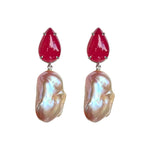 Earrings - Ruby & Baroque Pearl Double Drop