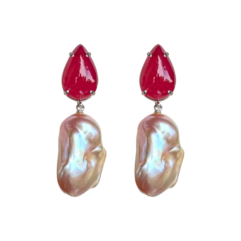 Earrings - Ruby & Baroque Pearl Double Drop