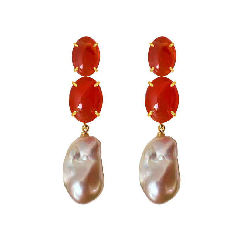 Earrings - Carnelian & Baroque Pearl Trio