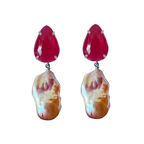 Earrings - Ruby & Baroque Pearl Drops
