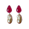 Earrings - Ruby & Baroque Pearl Drops