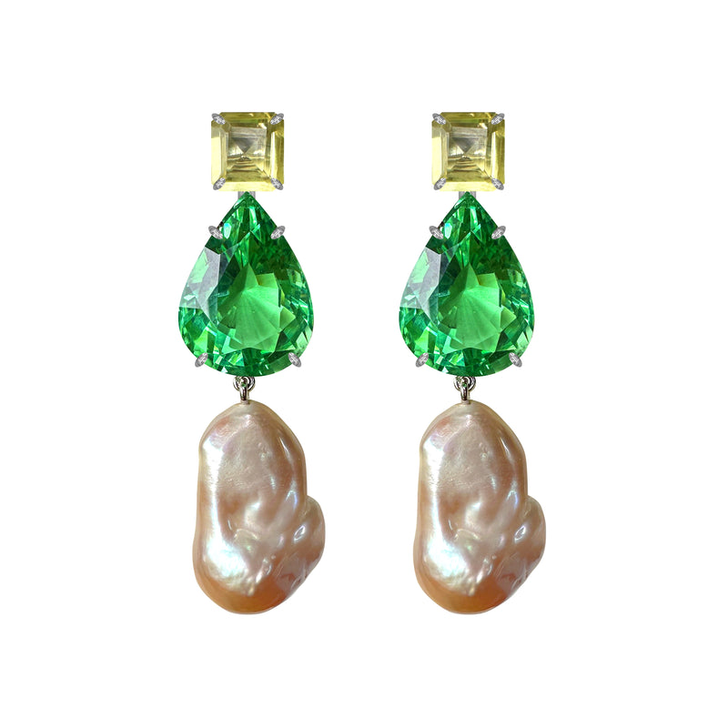 Earrings - Lemon Quartz, Green Quartz  & Baroque Pearl Trio