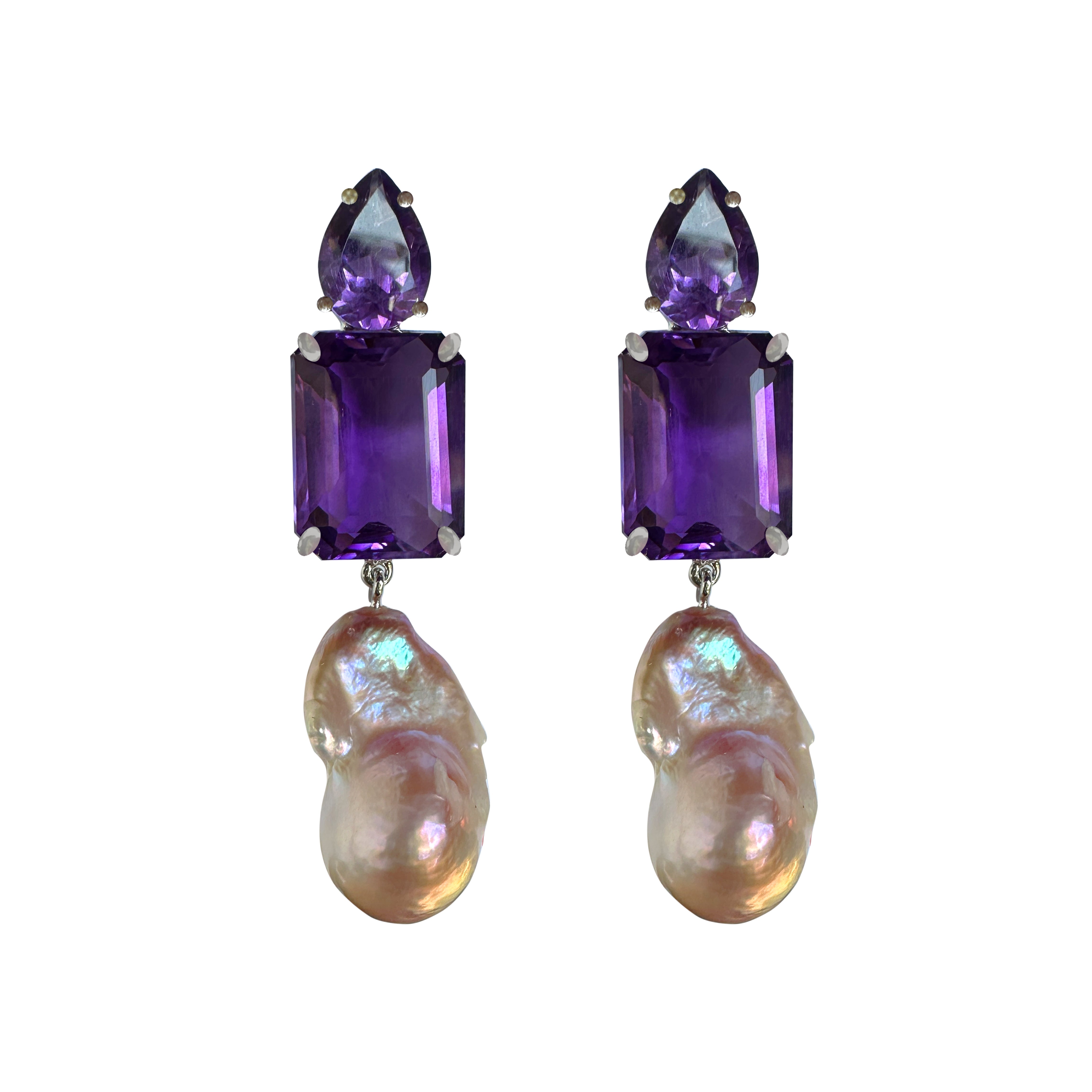 Amethyst & Baroque Pearl Trio in Amethyst, gold plated, handcrafted gemstone earrings Singapore