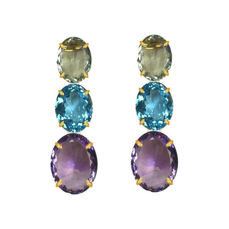 Earrings - Prasiolite, Blue Topaz & Amethyst Trio