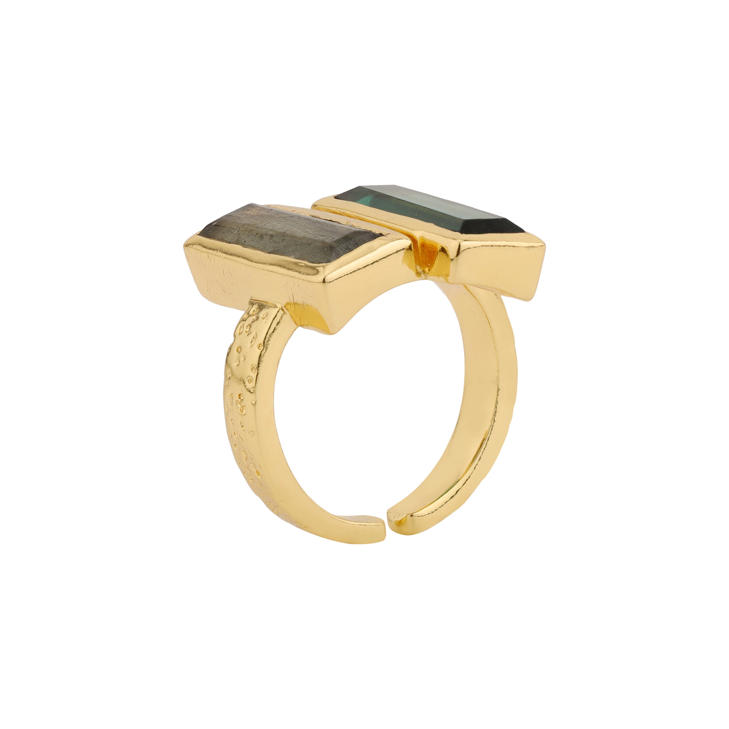 Double Bar in Green Quartz and Labradorite in Dyed Quartz, gold plated, handcrafted gemstone rings Singapore