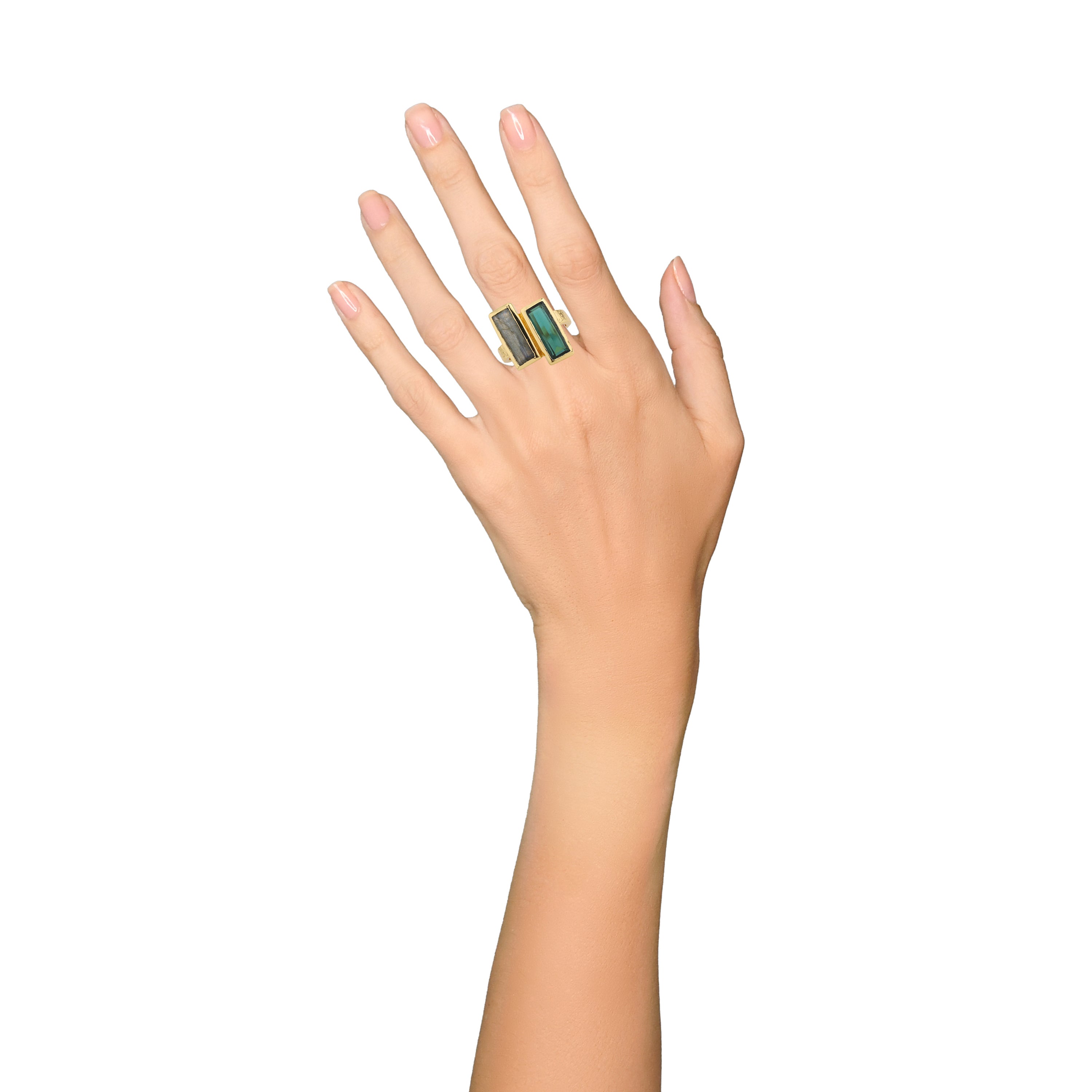 Double Bar in Green Quartz and Labradorite in Dyed Quartz, gold plated, handcrafted gemstone rings Singapore