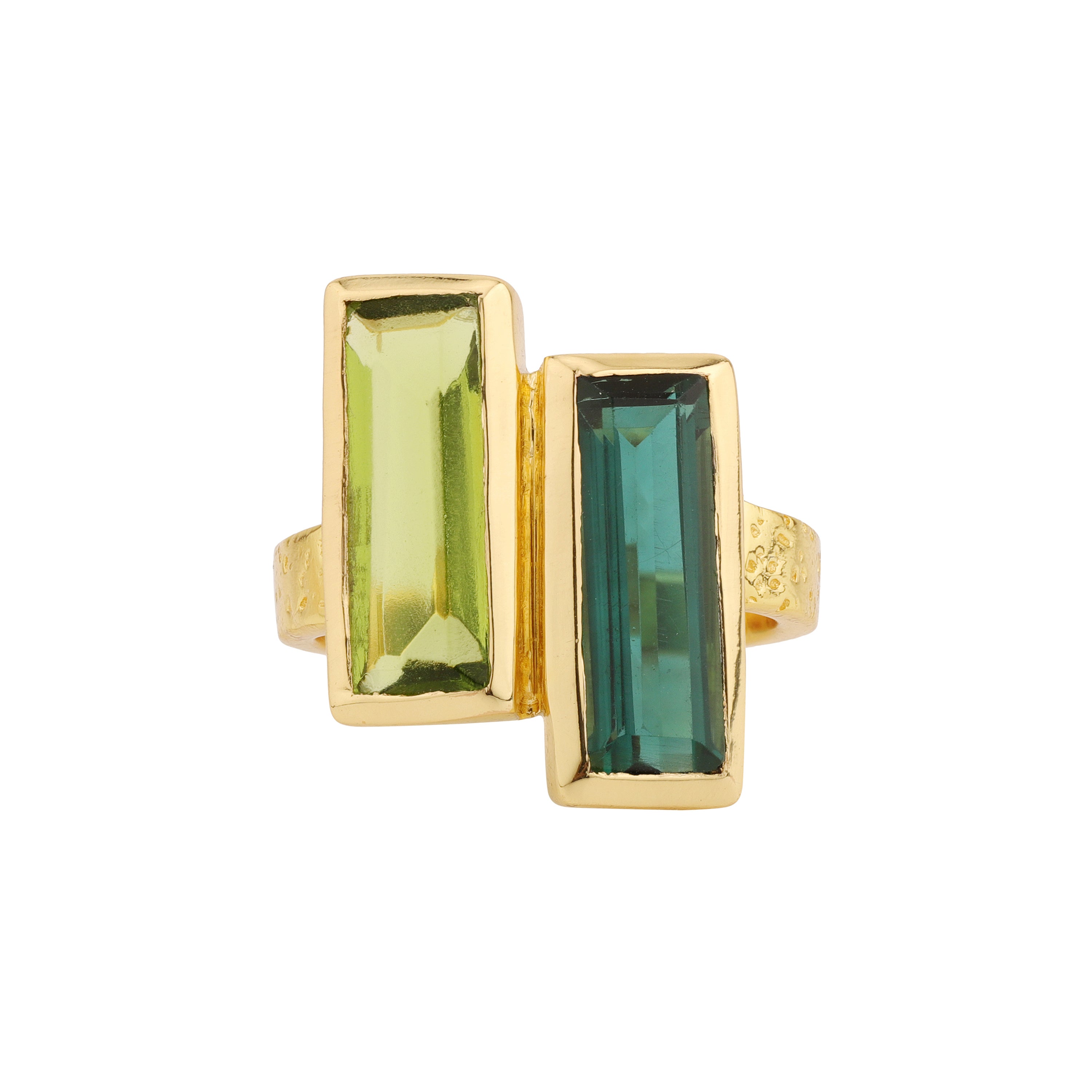 Double Bar in Green Quartz and Peridot in Peridot, gold plated, handcrafted gemstone rings Singapore