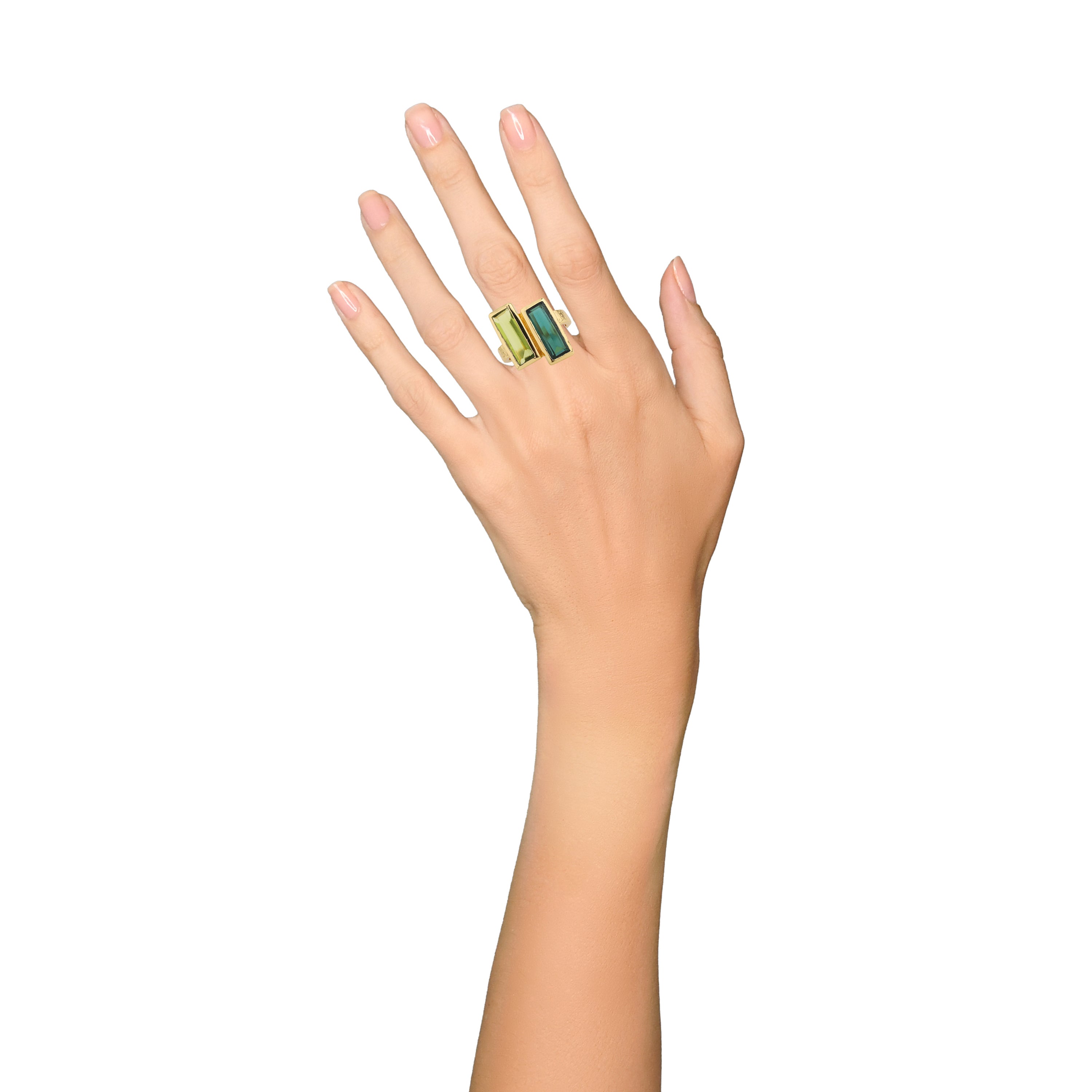 Double Bar in Green Quartz and Peridot in Peridot, gold plated, handcrafted gemstone rings Singapore