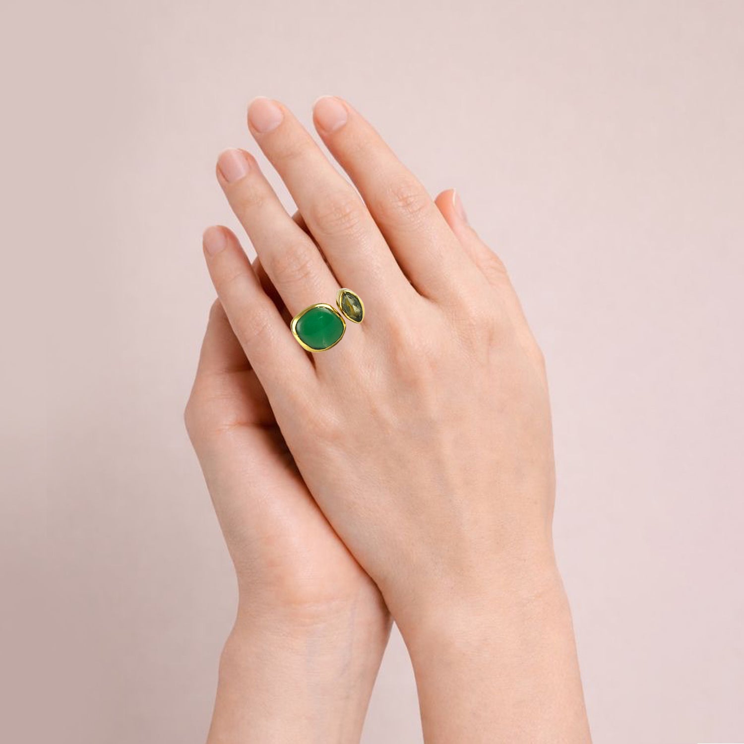 Toi Et Moi Ring in Green Onyx & Tourmaline in Green Onyx, gold plated, handcrafted gemstone rings Singapore
