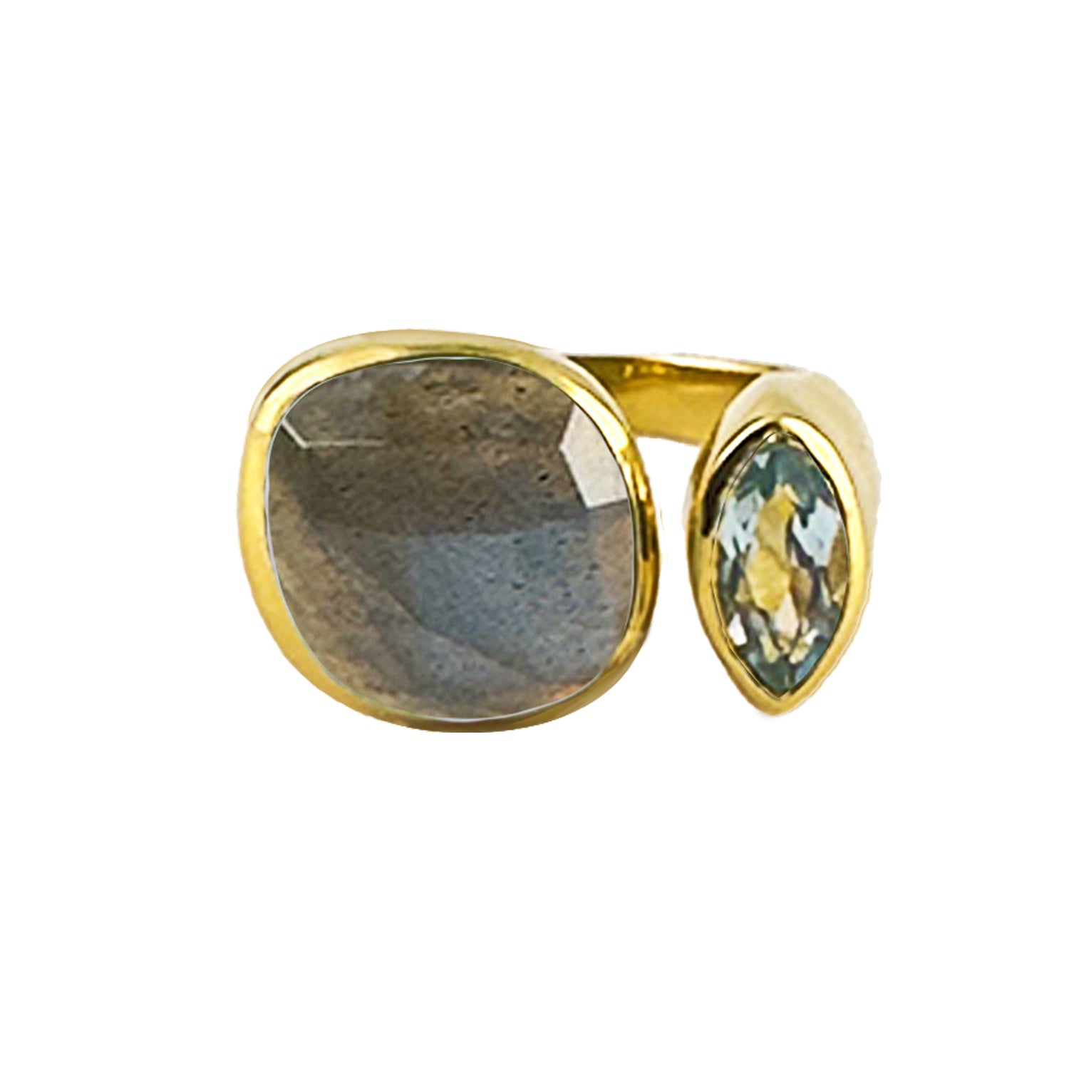 Toi Et Moi Ring in Labradorite & Blue Topaz in Blue Topaz, gold plated, handcrafted gemstone rings Singapore