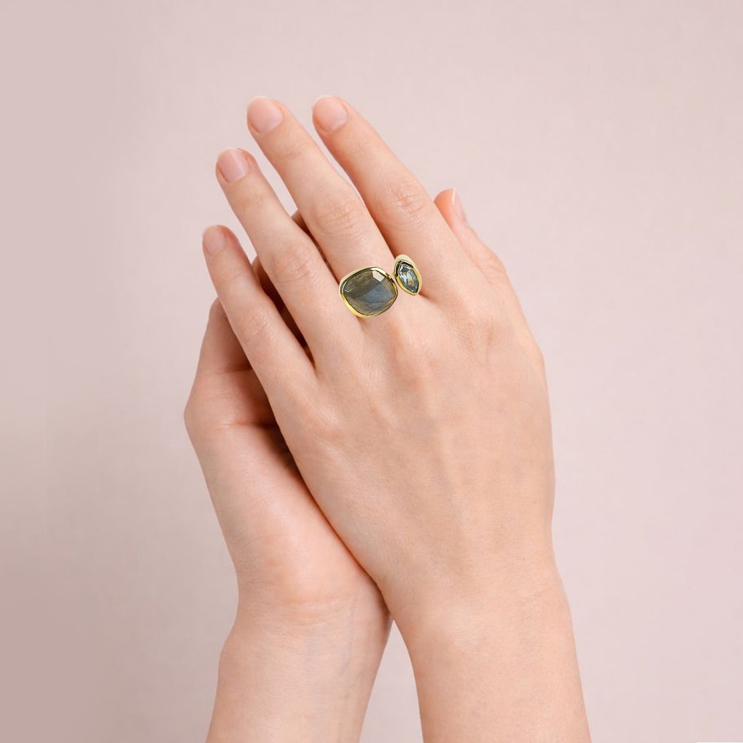 Toi Et Moi Ring in Labradorite & Blue Topaz in Blue Topaz, gold plated, handcrafted gemstone rings Singapore