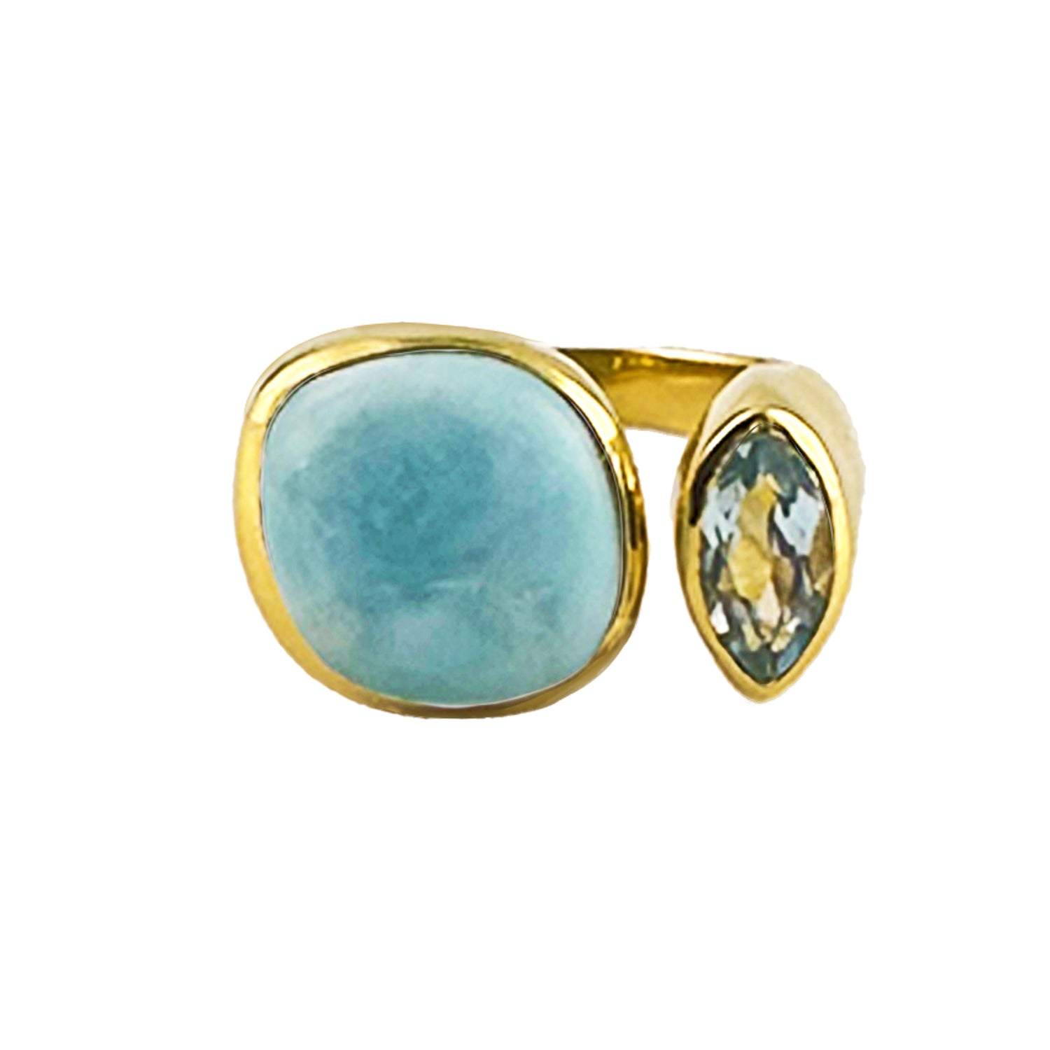 Toi Et Moi Ring in Larimar & Blue Topaz in Blue Topaz, gold plated, handcrafted gemstone rings Singapore