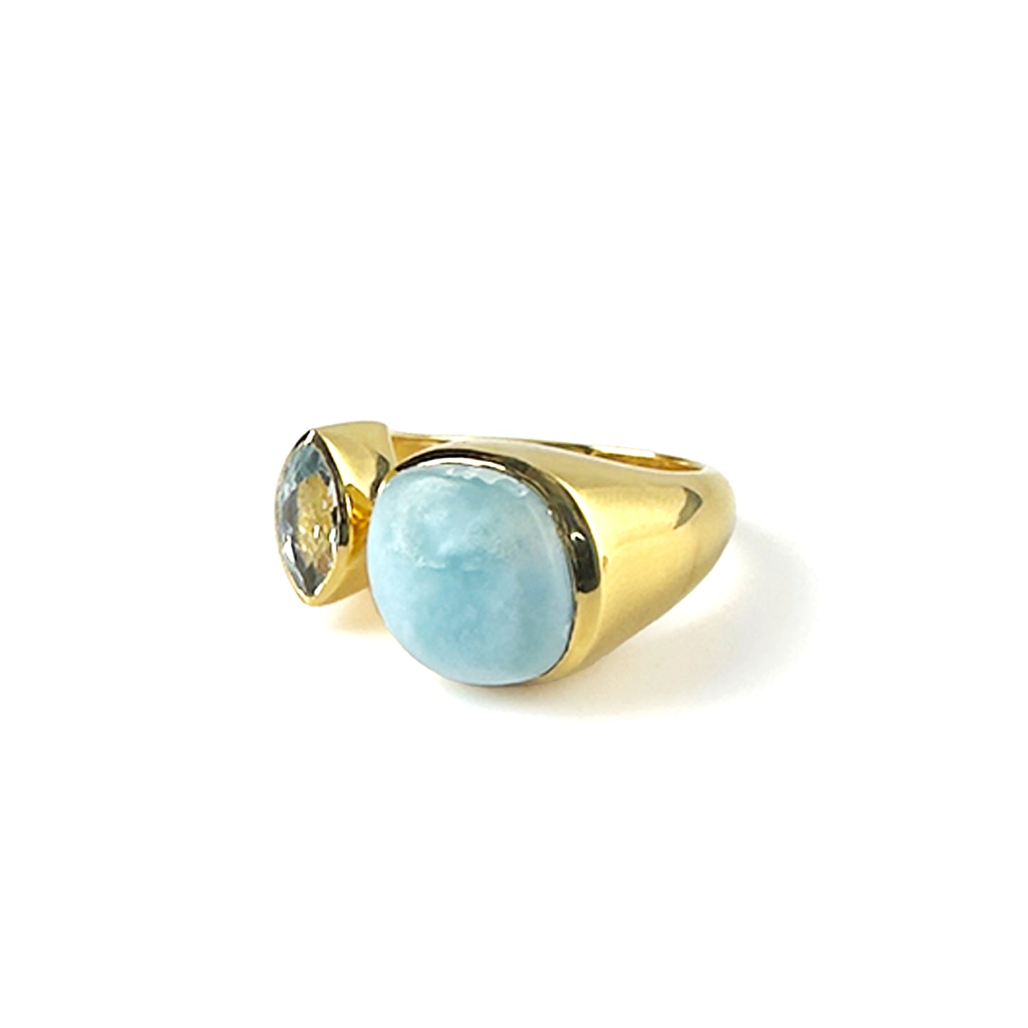 Toi Et Moi Ring in Larimar & Blue Topaz in Blue Topaz, gold plated, handcrafted gemstone rings Singapore