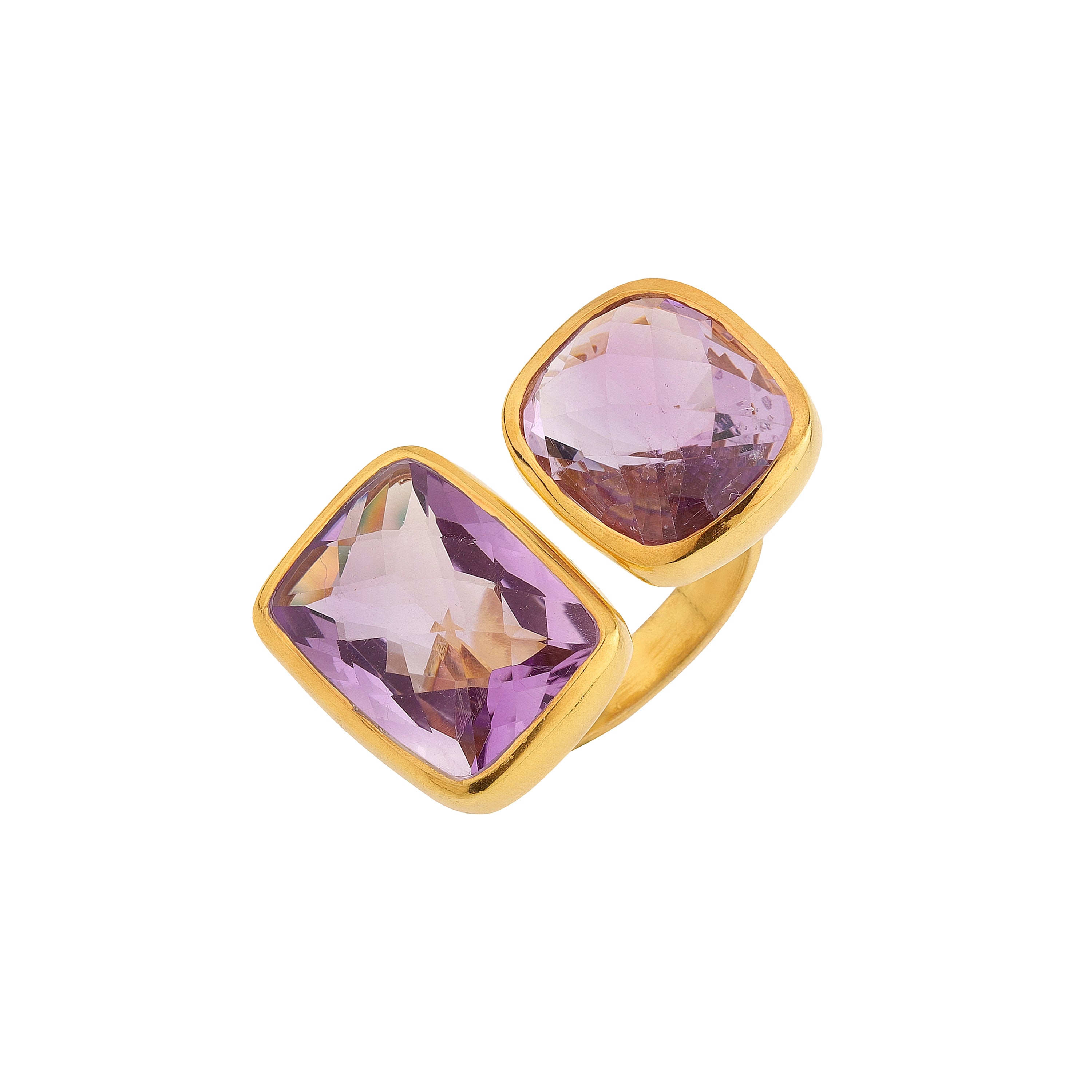Double Amethyst Faceted Ring in Amethyst, gold plated, handcrafted gemstone rings Singapore