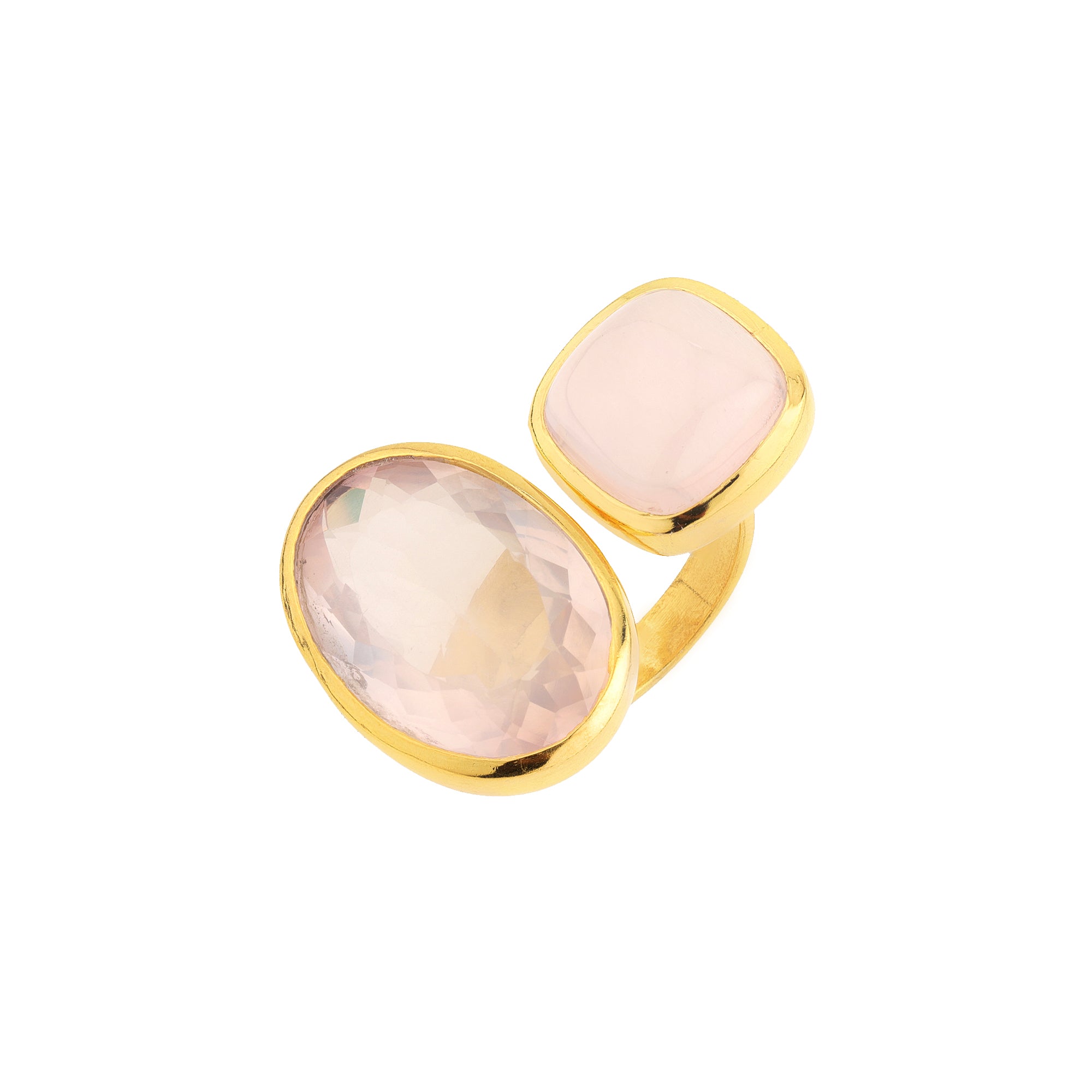 Double Rose Quartz Cabochon and Faceted Ring in Rose Quartz, gold plated, handcrafted gemstone rings Singapore