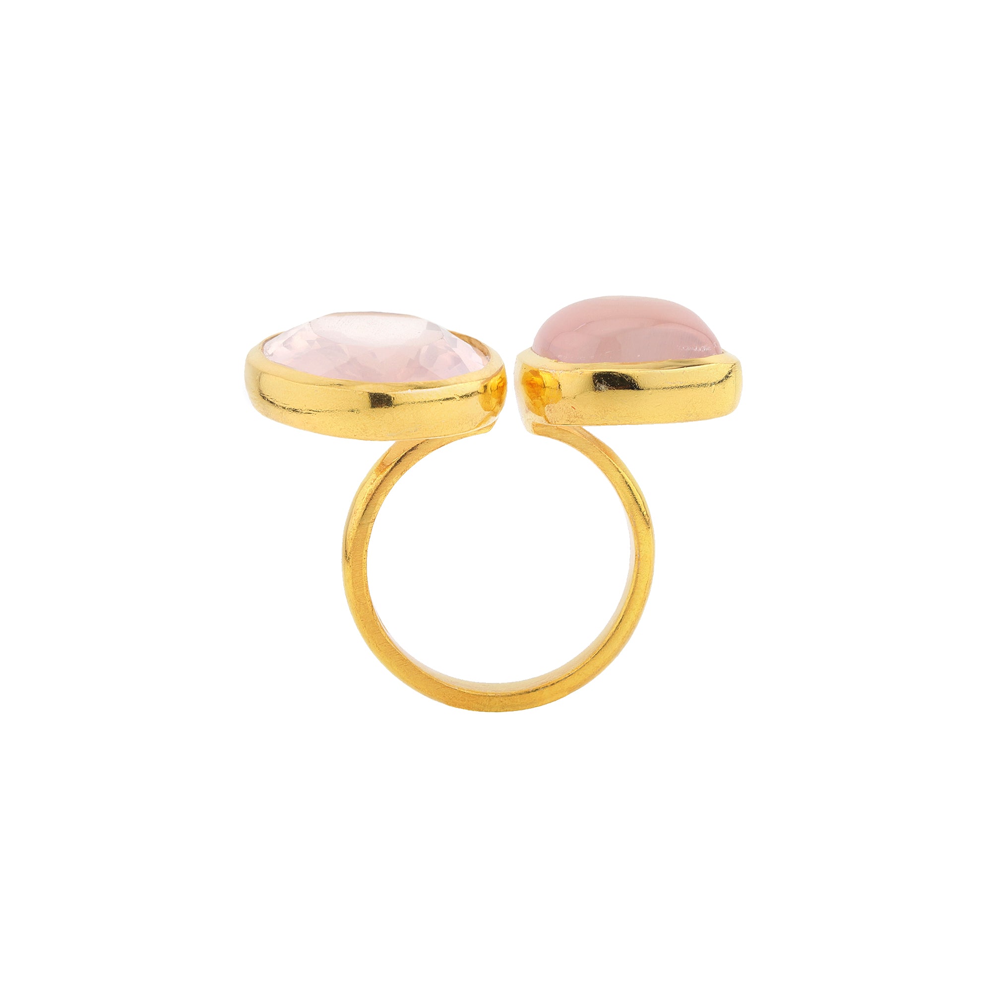 Double Rose Quartz Cabochon and Faceted Ring in Rose Quartz, gold plated, handcrafted gemstone rings Singapore