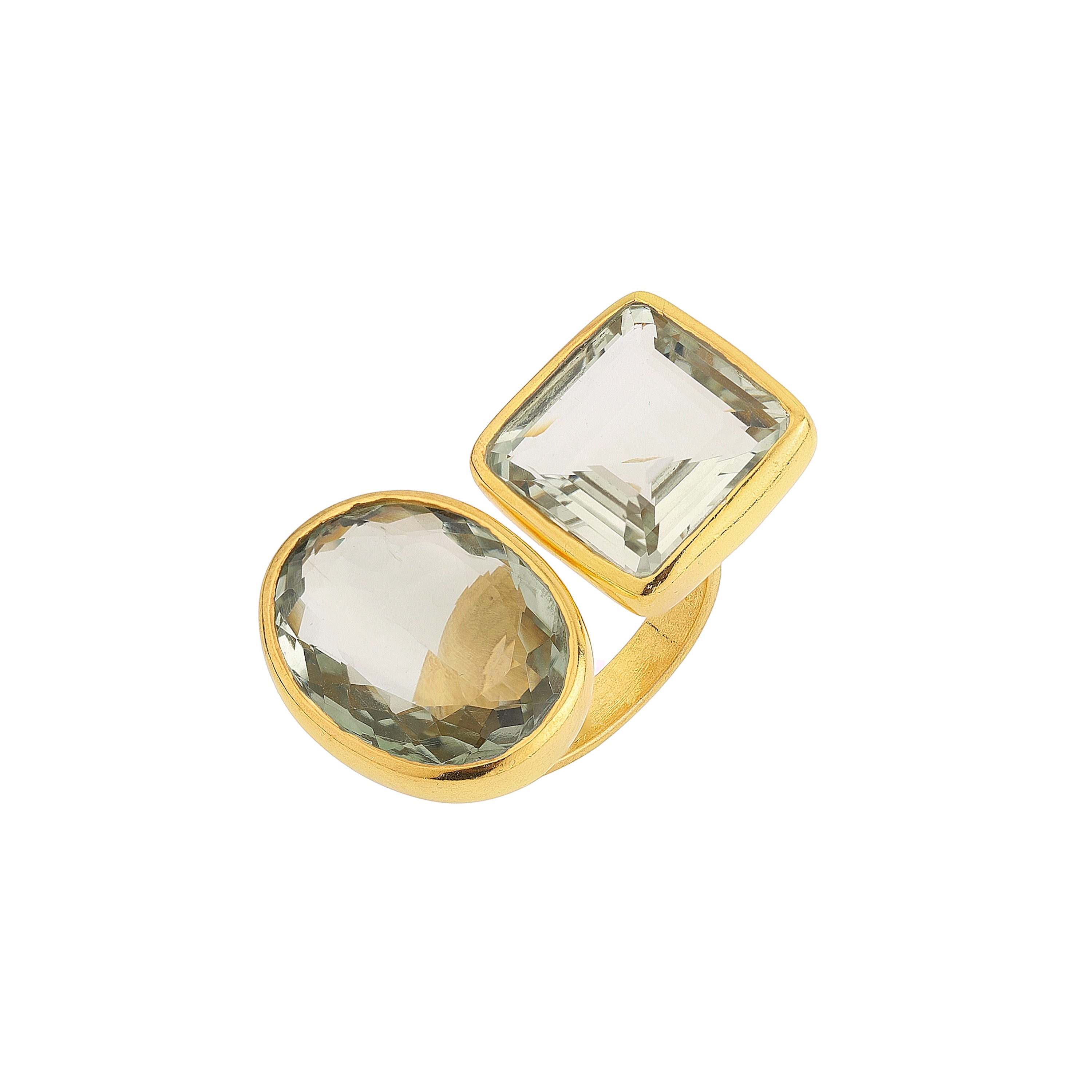Double Prasiolite Faceted Ring in Prasiolite, gold plated, handcrafted gemstone rings Singapore
