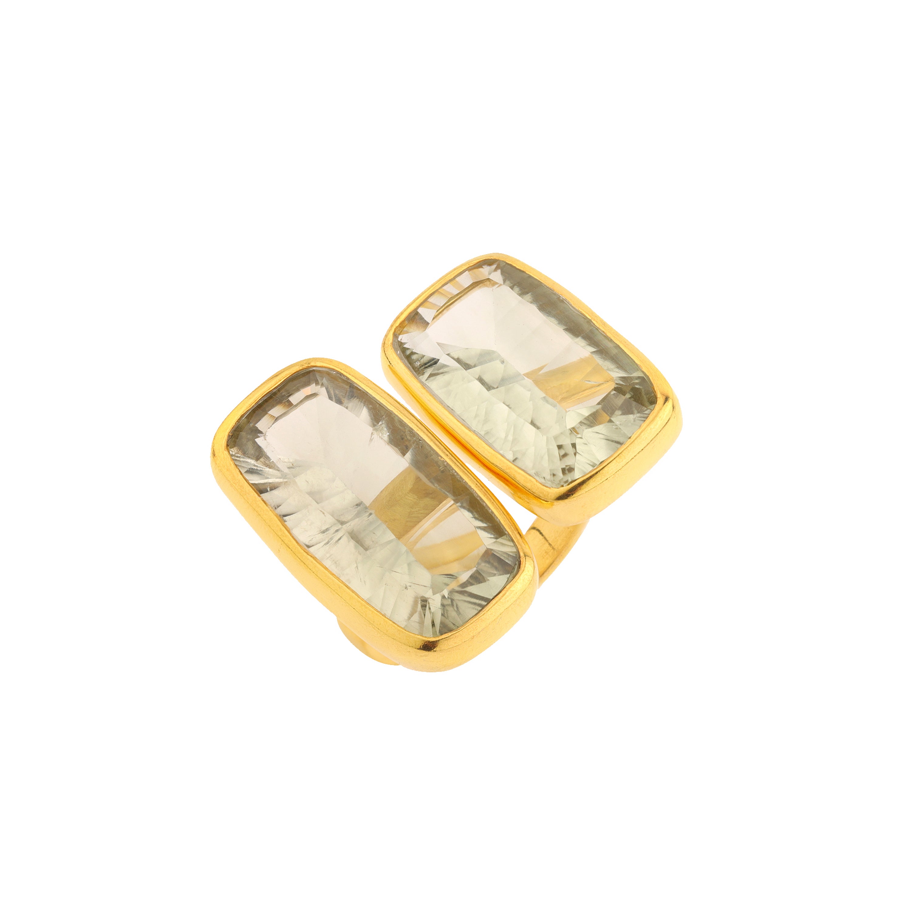 Double Prasiolite Faceted Ring in Prasiolite, gold plated, handcrafted gemstone rings Singapore