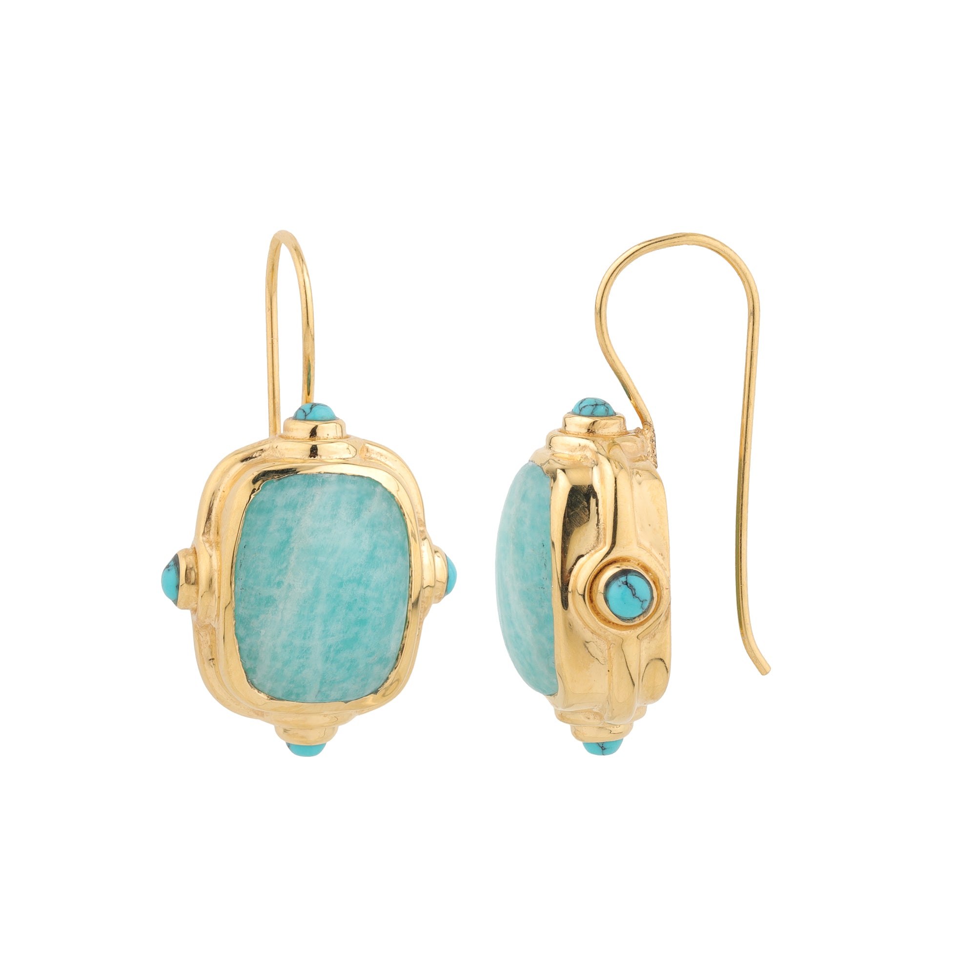Turquoise gemstone gold drop earrings product close-up on white background