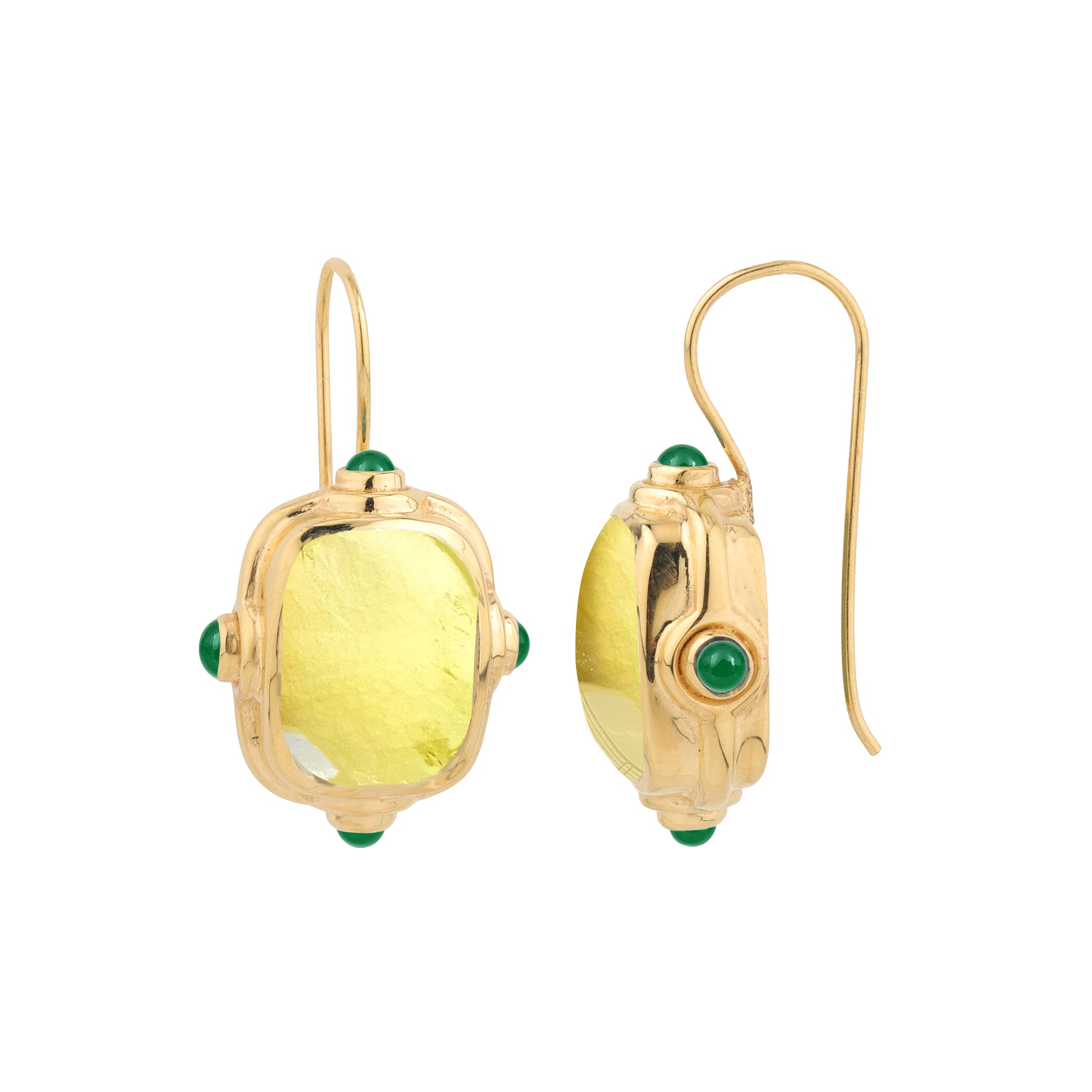 Yellow gemstone gold drop earrings product close-up on white background
