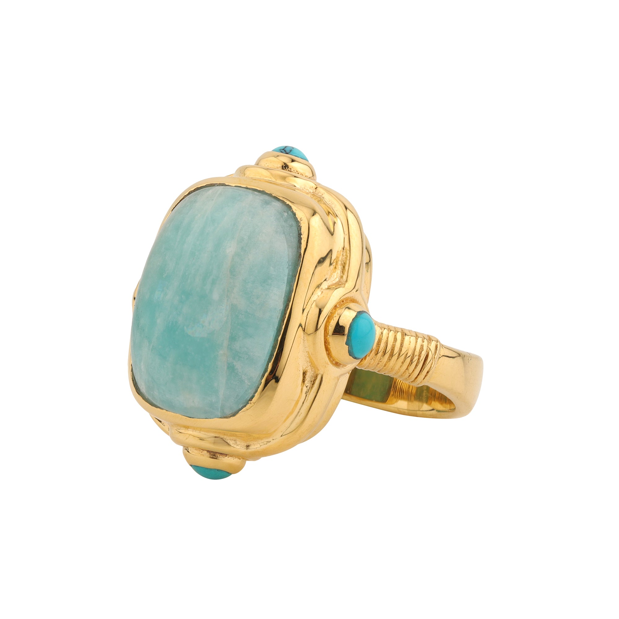 Aquamarine gemstone gold ring product close-up on white background