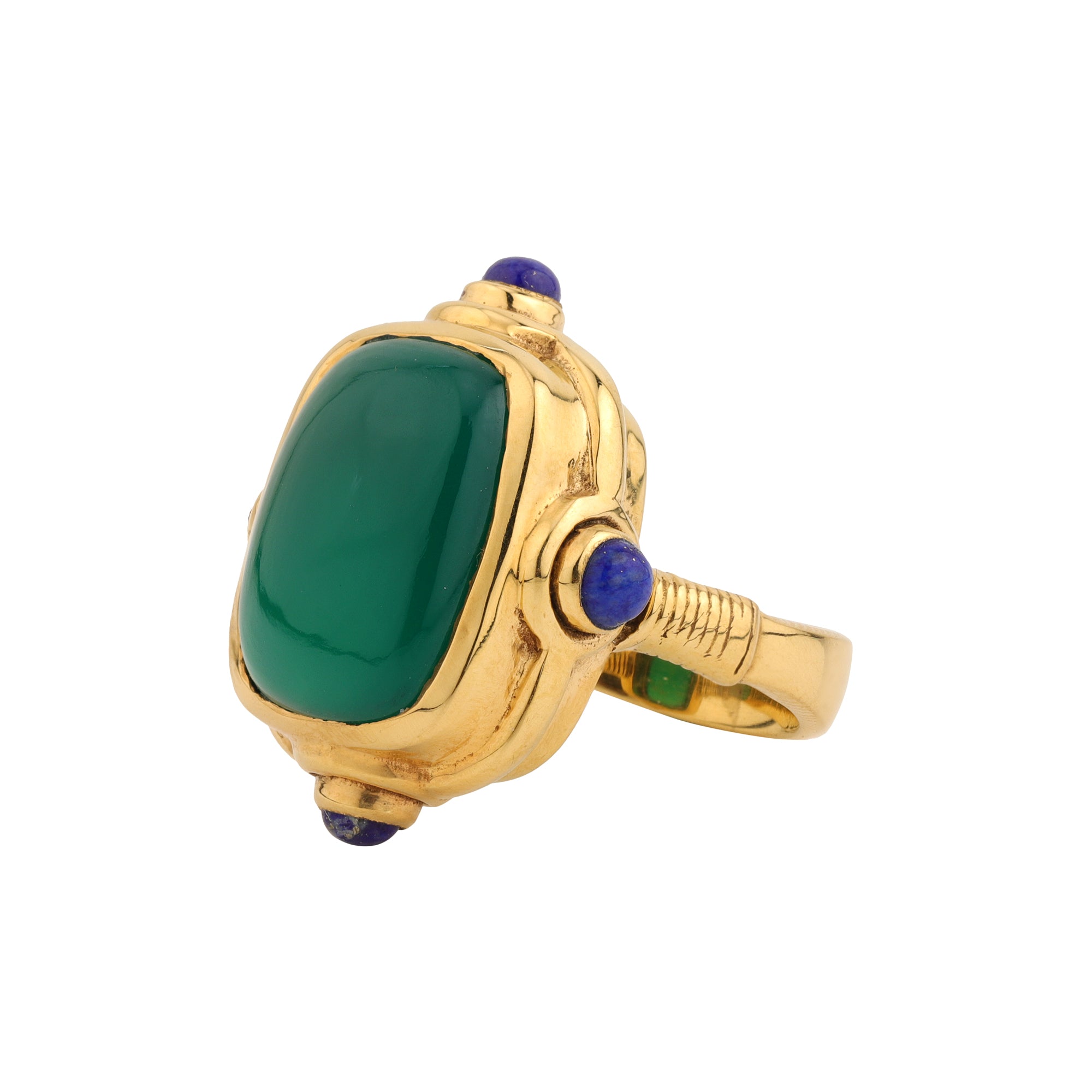 Green gemstone gold ring product close-up on white background