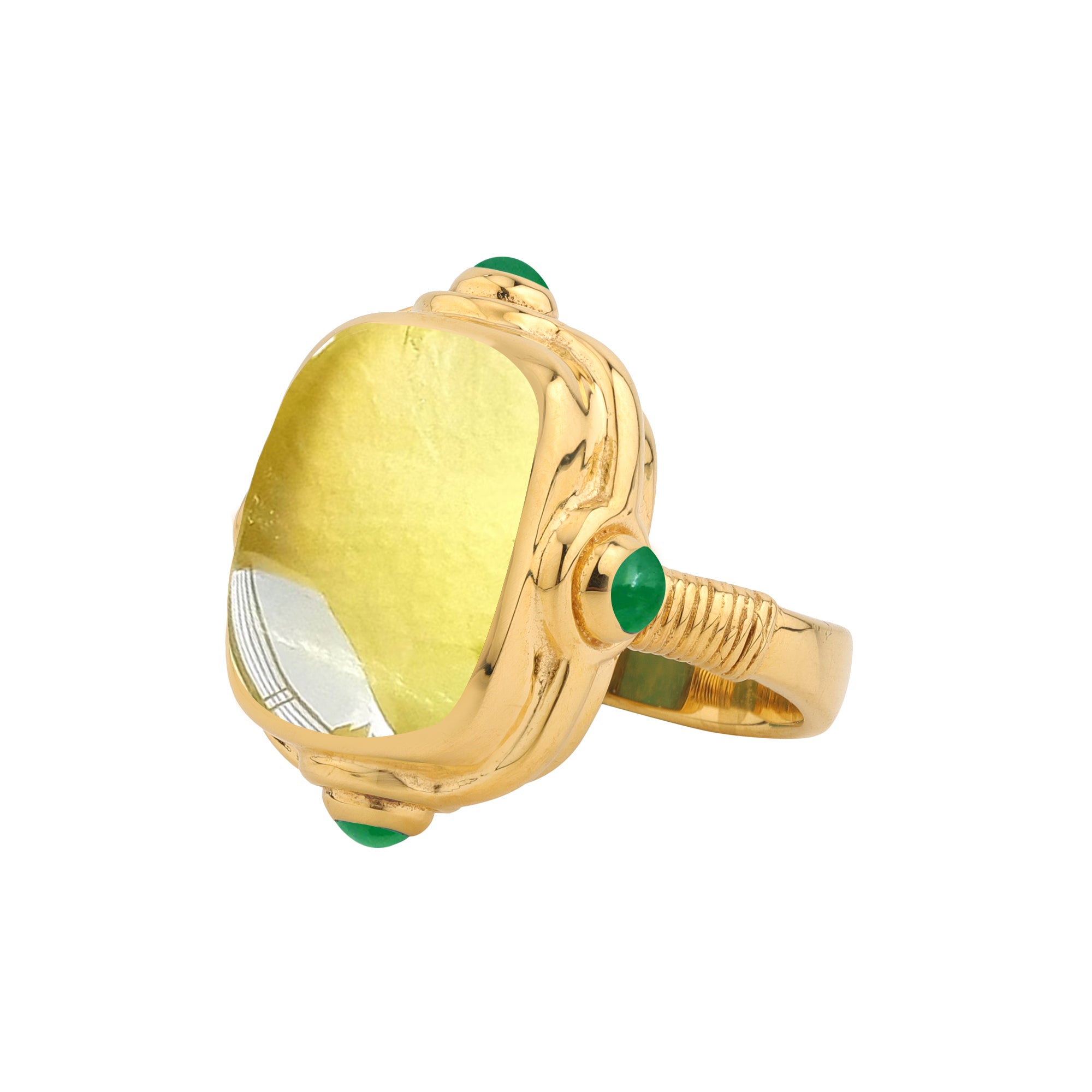 Yellow gemstone gold ring product close-up on white background