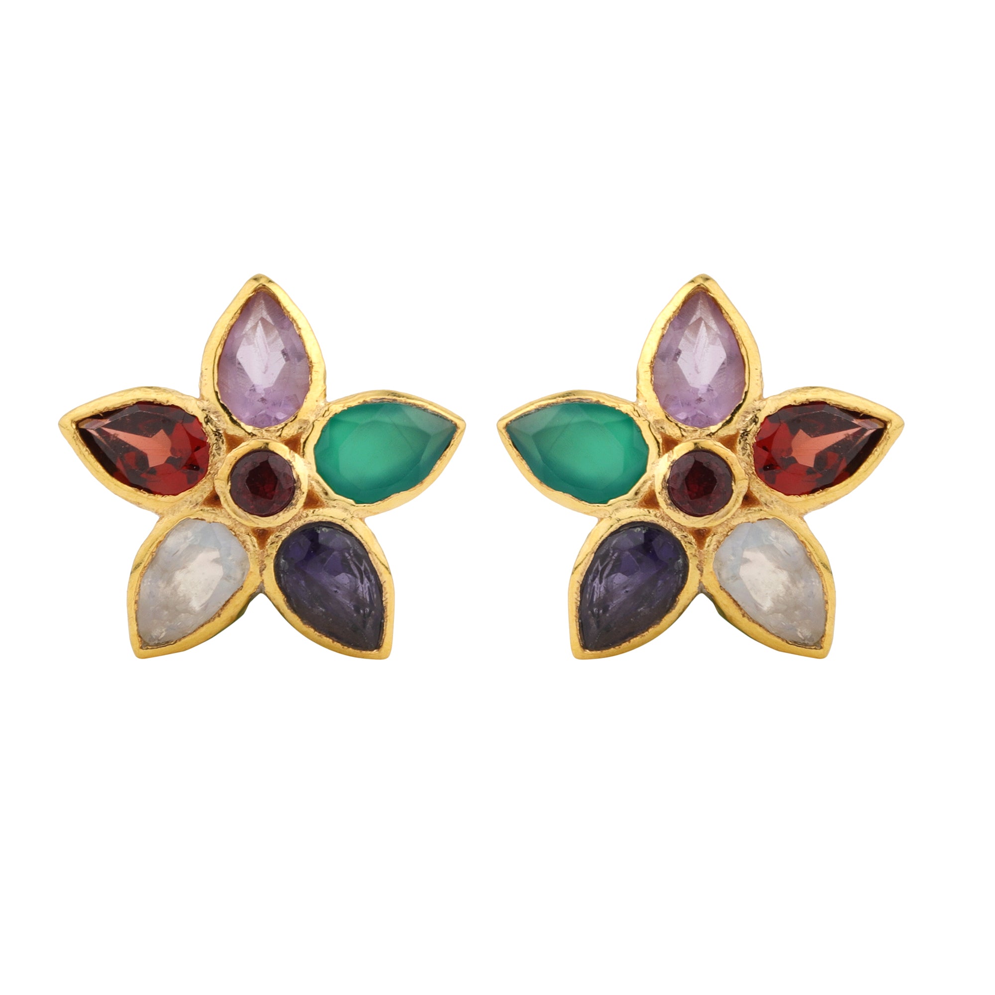 Flower Studs in Multi Gem, gold plated, handcrafted gemstone earrings Singapore