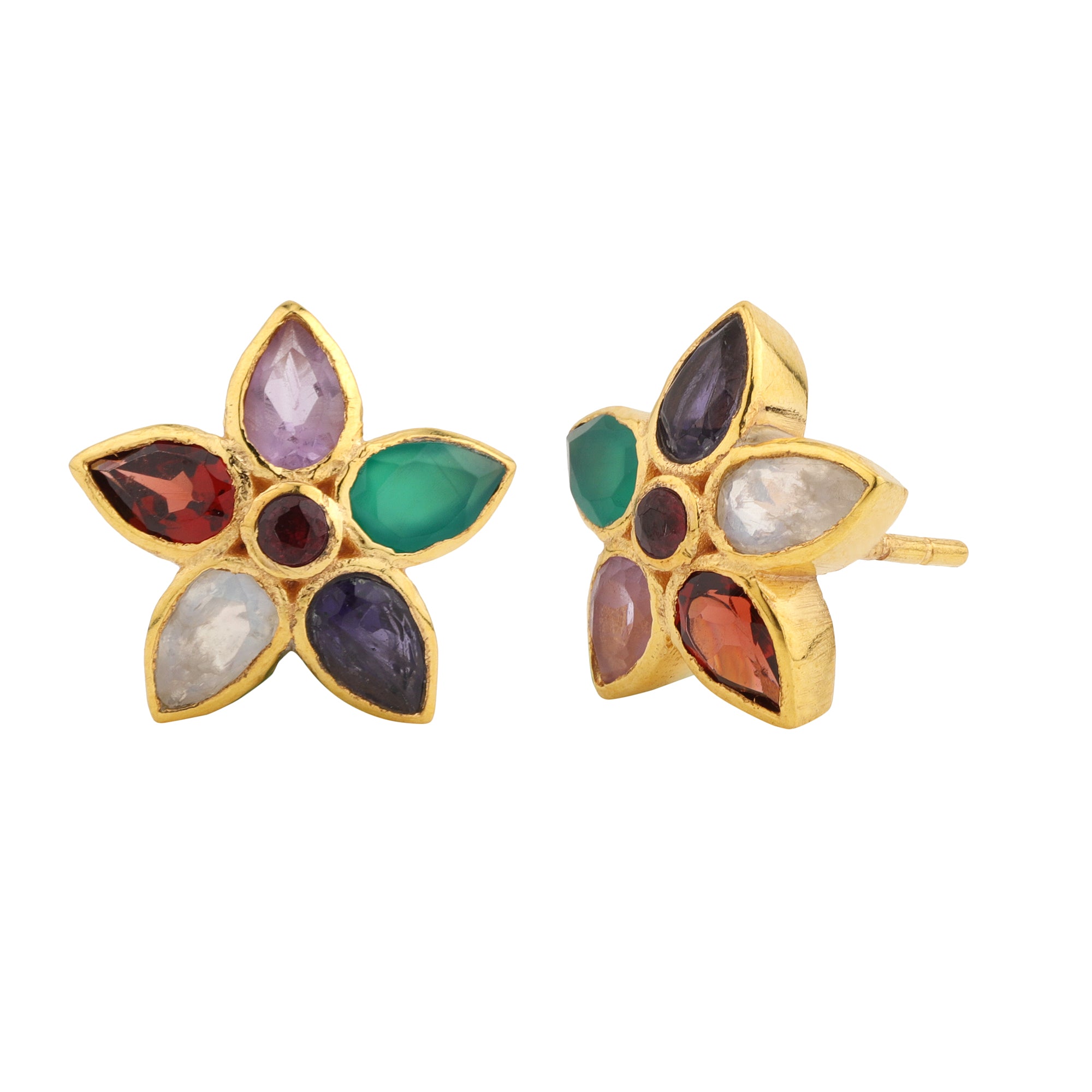 Flower Studs in Multi Gem, gold plated, handcrafted gemstone earrings Singapore