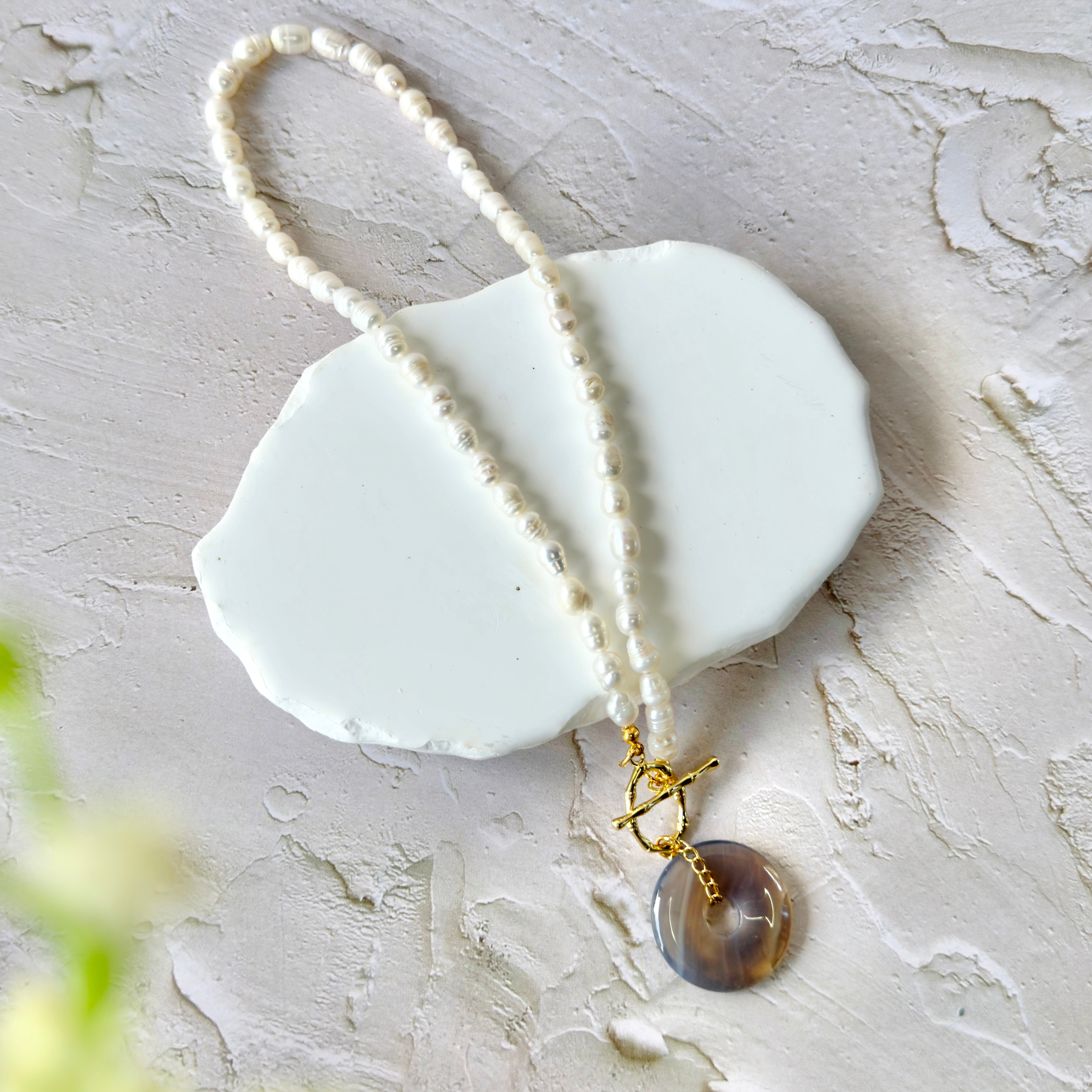 Modern Ming Pearl Necklace with Labradorite Pi Disc in Labradorite, gold plated, handcrafted gemstone necklace Singapore