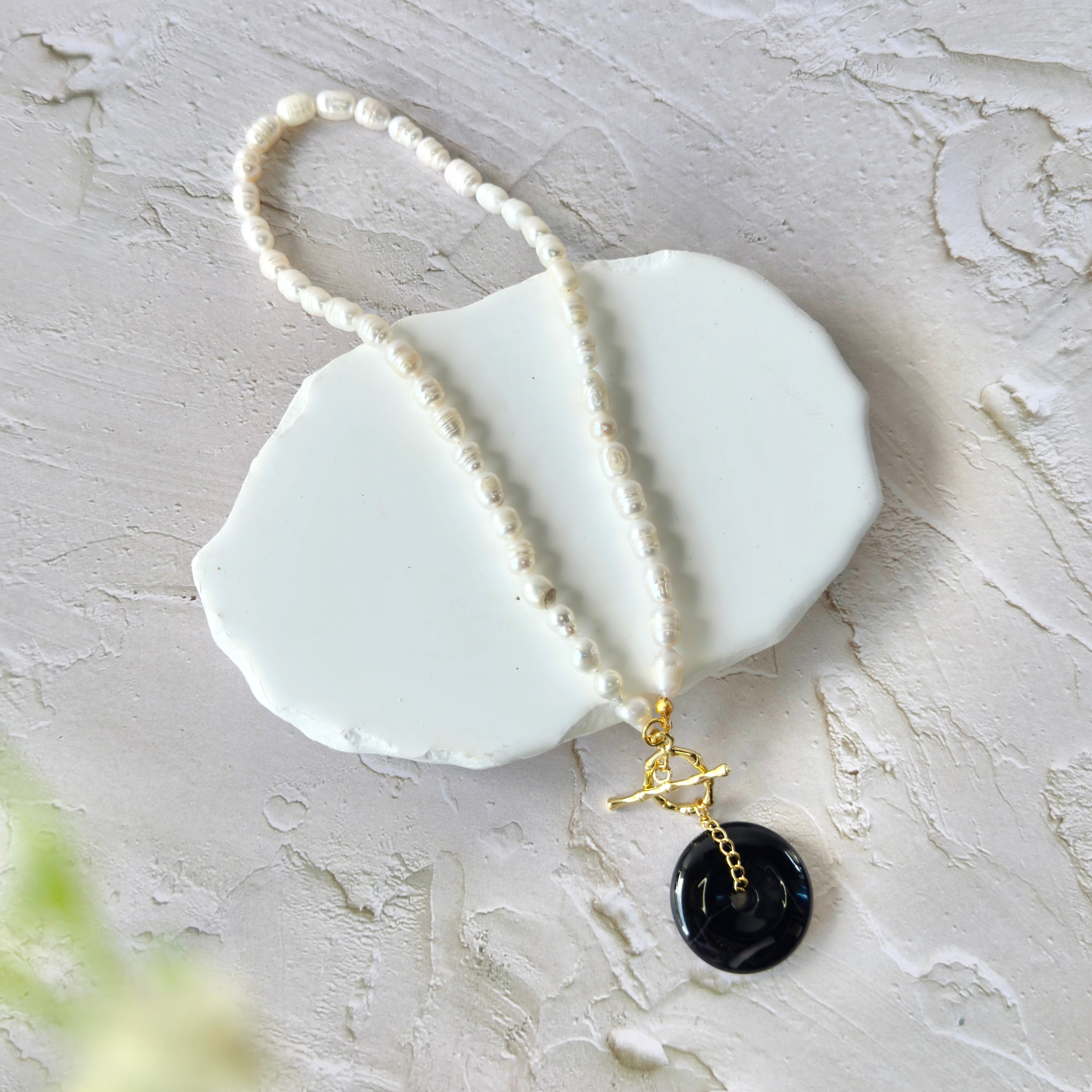 Modern Ming Pearl Necklace with Black Agate Pi Disc in Black Agate, gold plated, handcrafted gemstone necklace Singapore