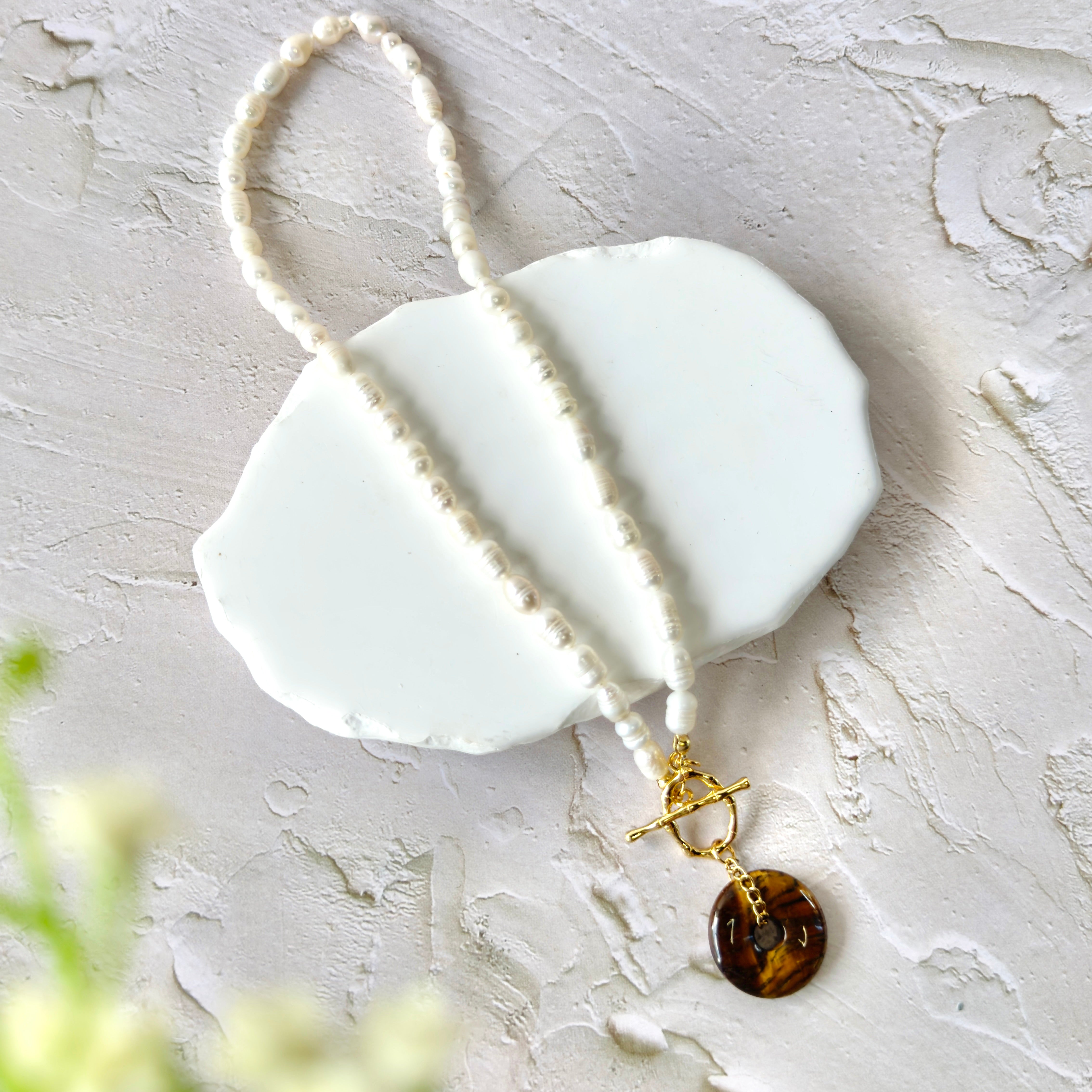 Modern Ming Pearl Necklace with Tiger's Eye Pi Disc in Pearl, gold plated, handcrafted gemstone necklace Singapore
