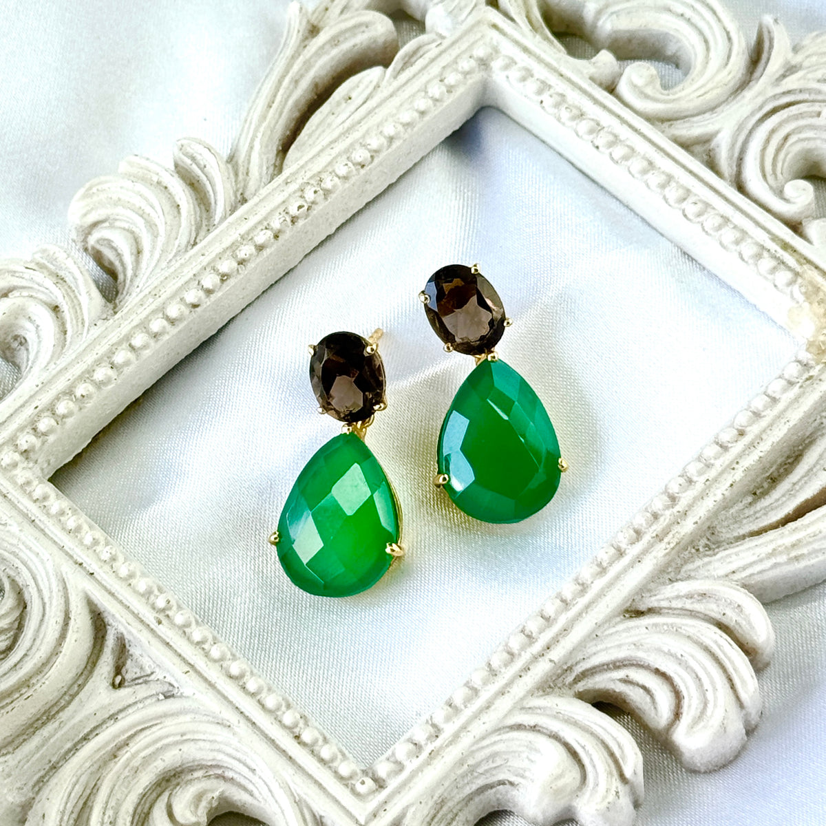 Isolde Earrings in Smoky Quartz & Green Onyx