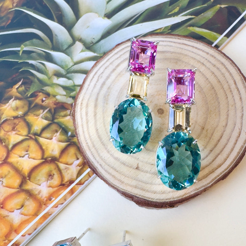Earrings - Pink Topaz, Citrine & Indicolite Quartz Trio