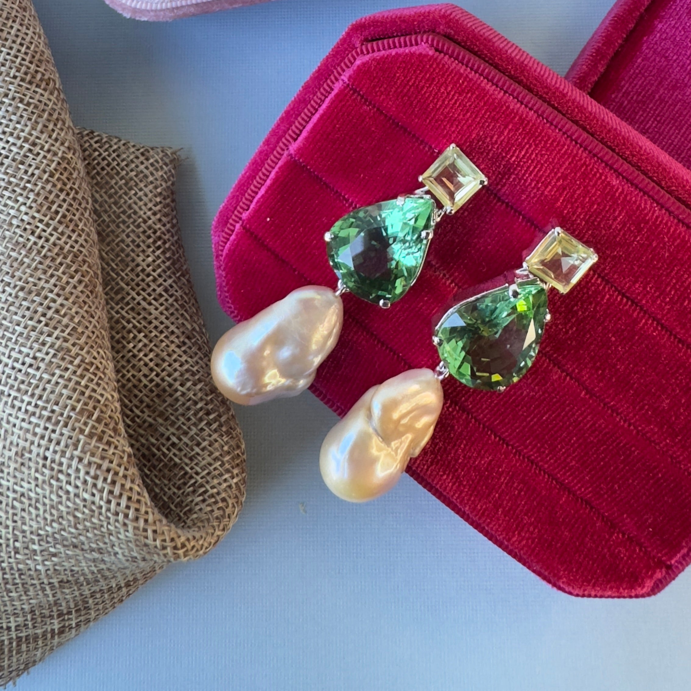 Lemon Quartz, Green Quartz  & Baroque Pearl Trio in Lemon Quartz, gold plated, handcrafted gemstone earrings Singapore