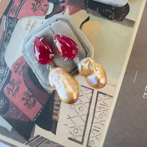 Earrings - Ruby & Baroque Pearl Drops