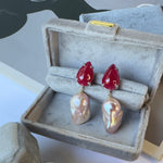 Earrings - Ruby & Baroque Pearl Double Drop