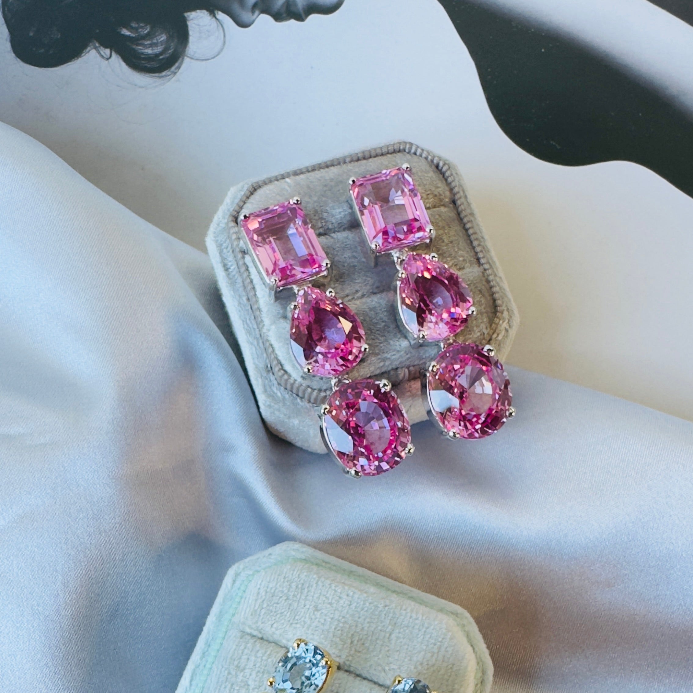 Pink Topaz Trio Drop Earrings in Pink Topaz, gold plated, handcrafted gemstone earrings Singapore