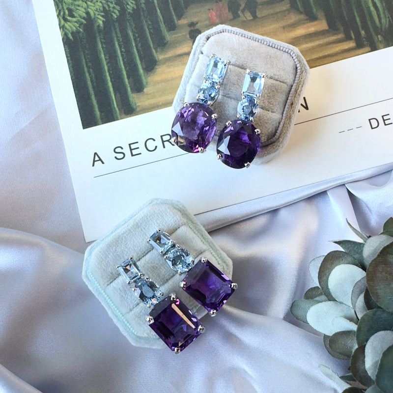 Earrings - Blue Topaz & Amethyst Trio