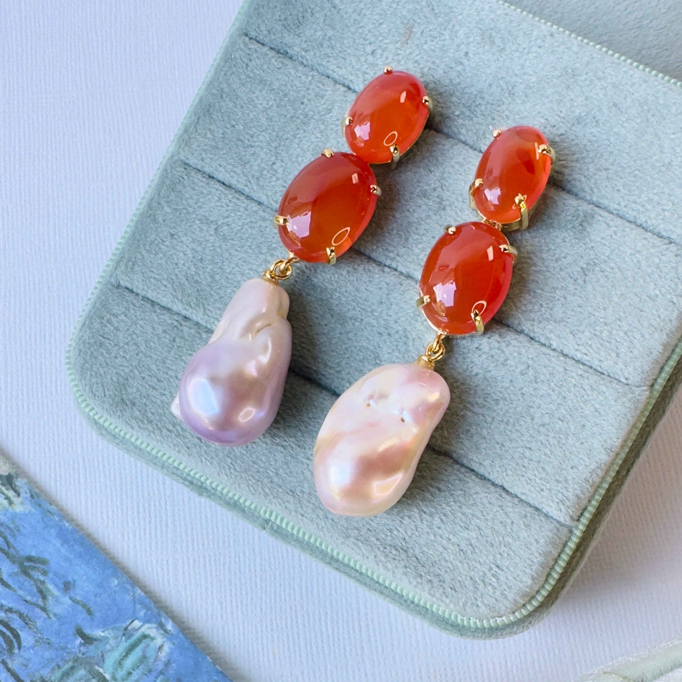 Carnelian & Baroque Pearl Trio in Carnelian, gold plated, handcrafted gemstone earrings Singapore