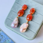 Earrings - Carnelian & Baroque Pearl Trio
