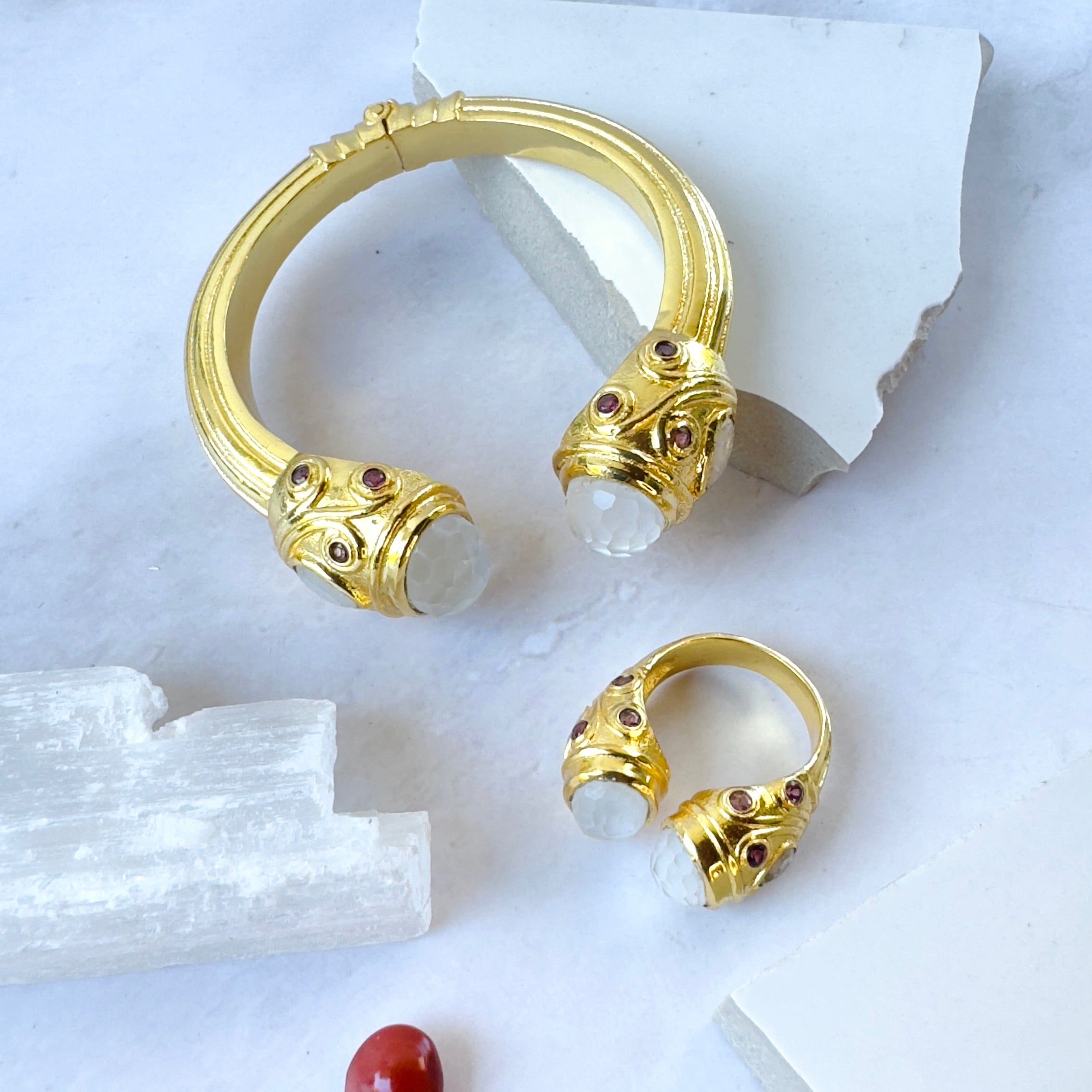Constantinople Cuff in Nacre & Moonstone in Nacre, gold plated, handcrafted gemstone bracelets Singapore