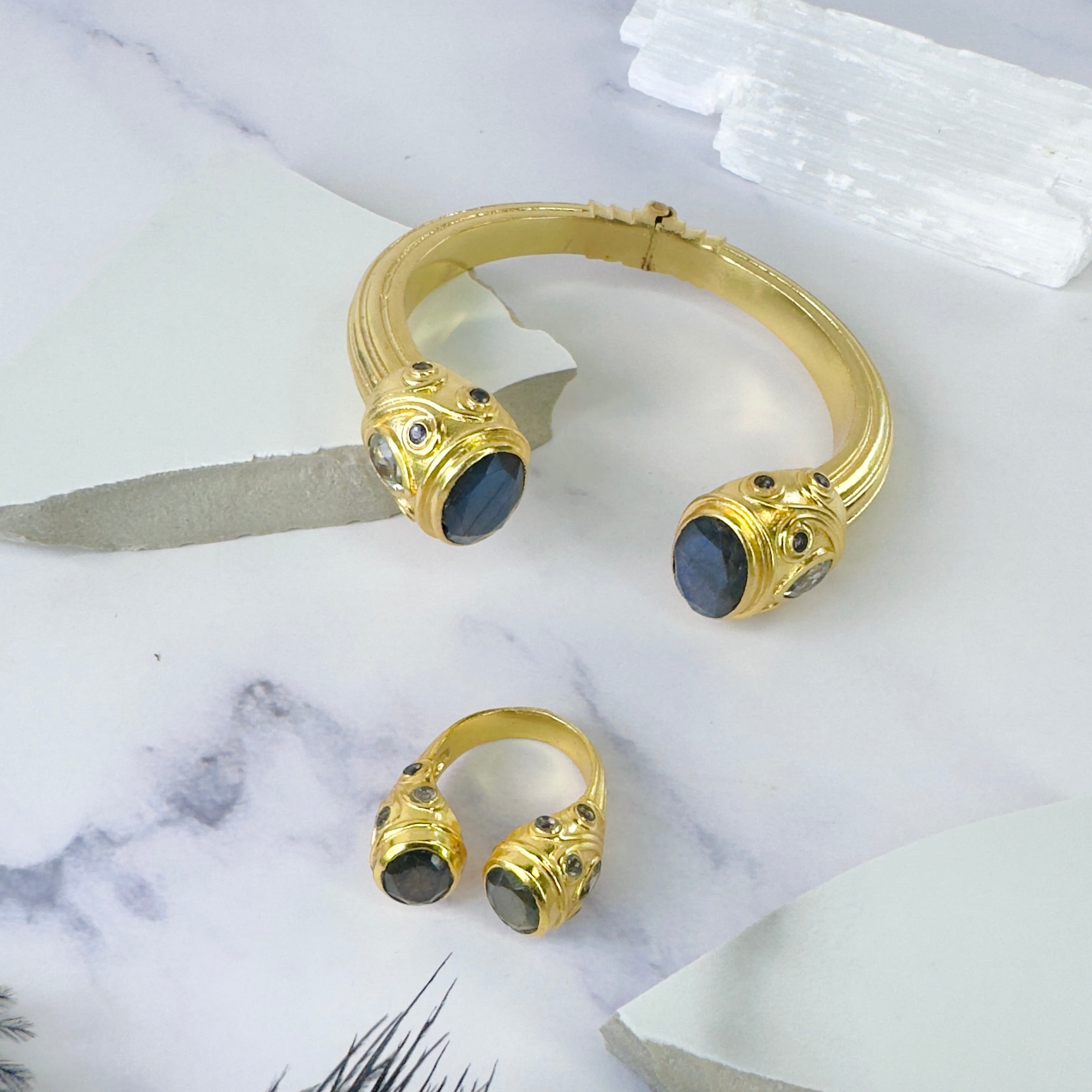 Constantinople Cuff in Labradorite & Blue Topaz in Labradorite, gold plated, handcrafted gemstone bracelets Singapore